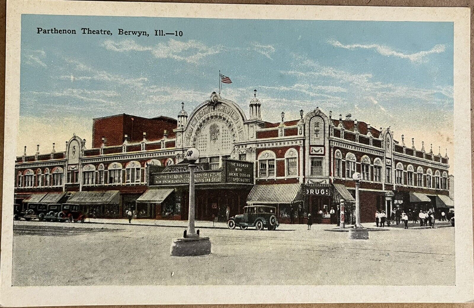 Berwyn Illinois Parthenon Theater Drug Store Old Cars People VTG Postcard c1920