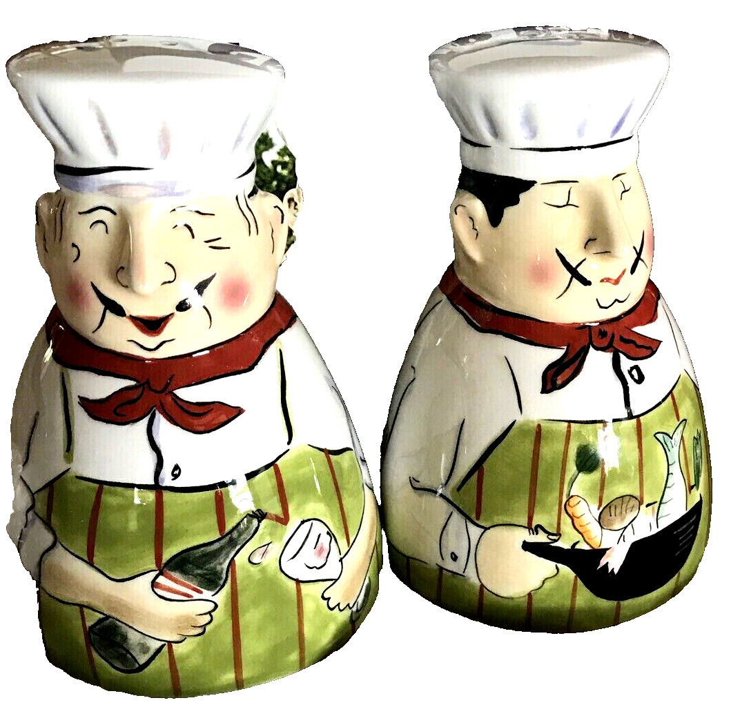 CLAY ART  FRENCH CHEFS Salt and Pepper Set MINT in Box VINO WINE SAVE on 2+
