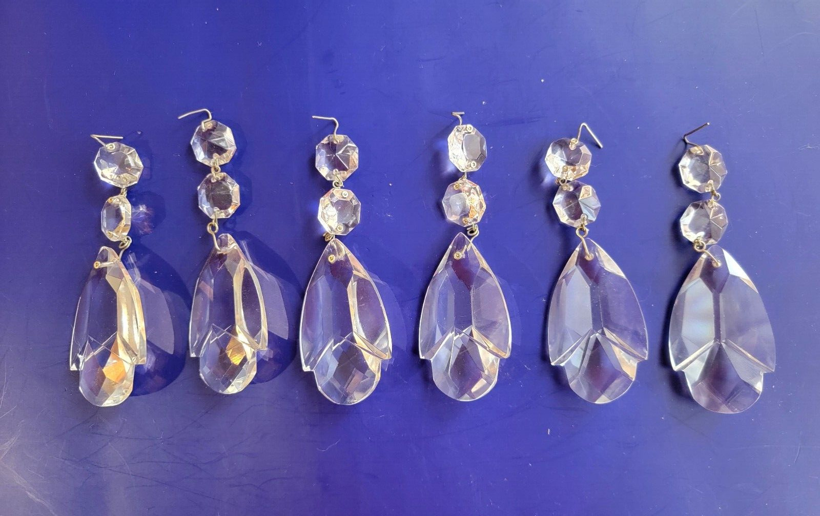 * LARGE ANTIQUE CRYSTAL FACETED TEARDROP LOT OF 6 3 3/4\