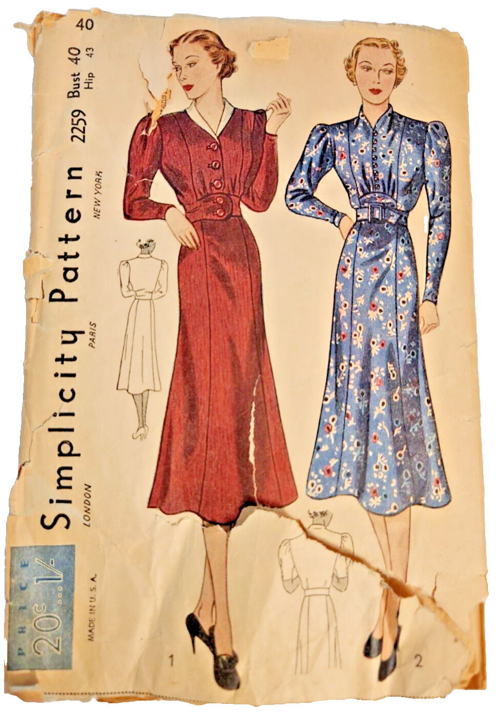 VTG 1930\'s Simplicity Sewing Pattern #2259 Bust 40 Hip 43 Factory Cut, unprinted