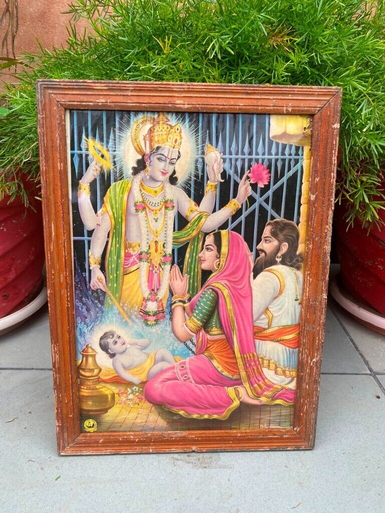 Old Vintage Artist M.K Sharma Birth Of Lord Krishna Lithograph Print Framed