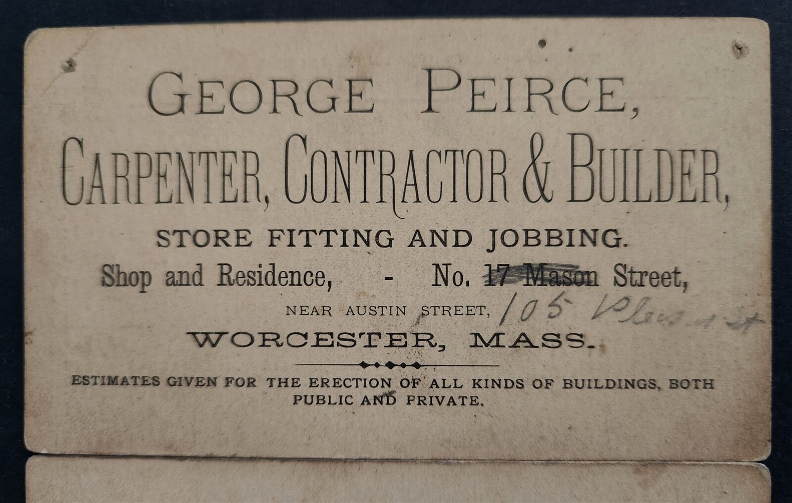 antique GEORGE PEIRCE worcester ma AD TRADE CARD caprenter contractor builder 