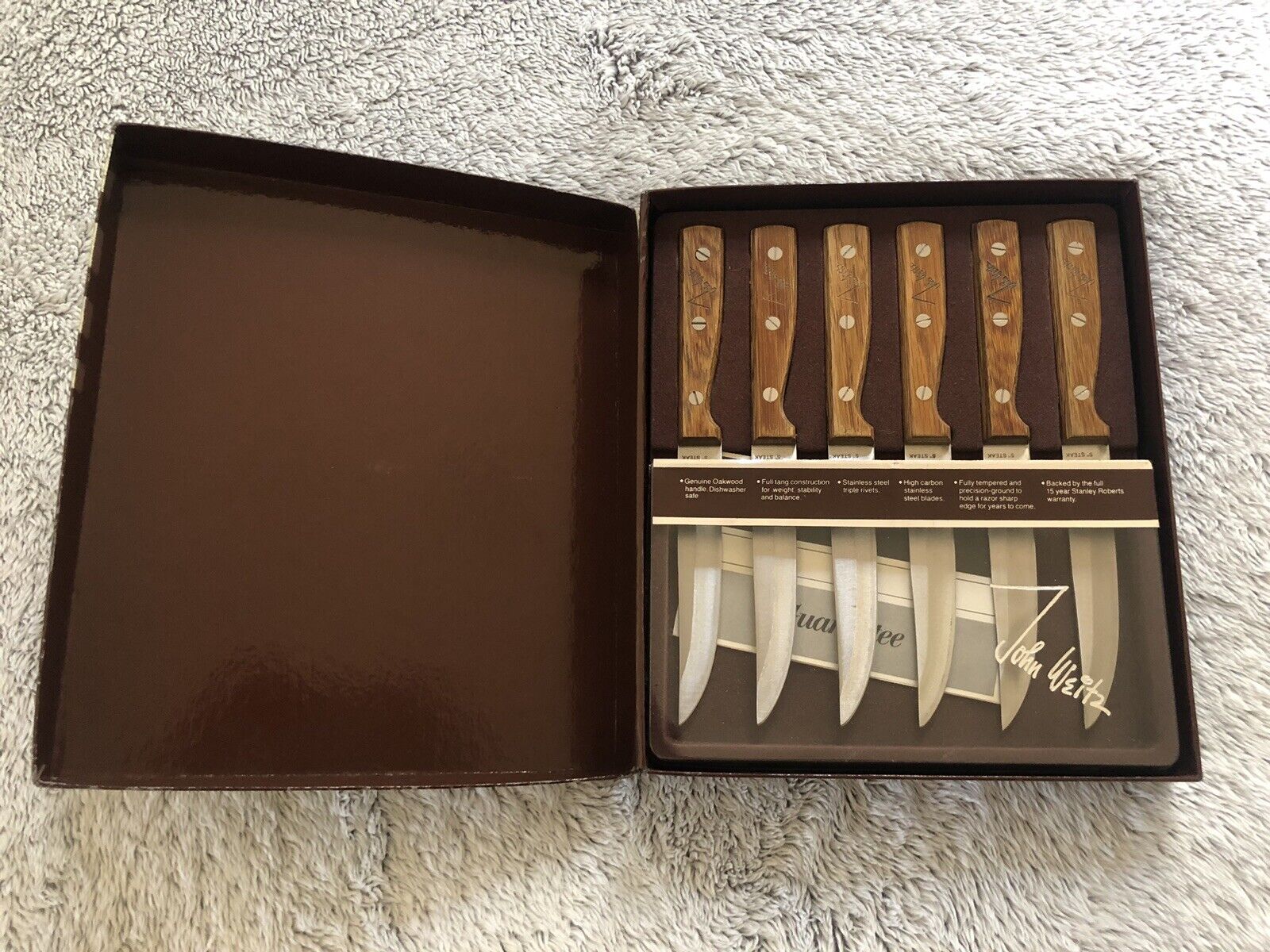 John Weitz Vintage Steak Knives Set In Box, Oak, Stainless Steel, 5 Inch Blade