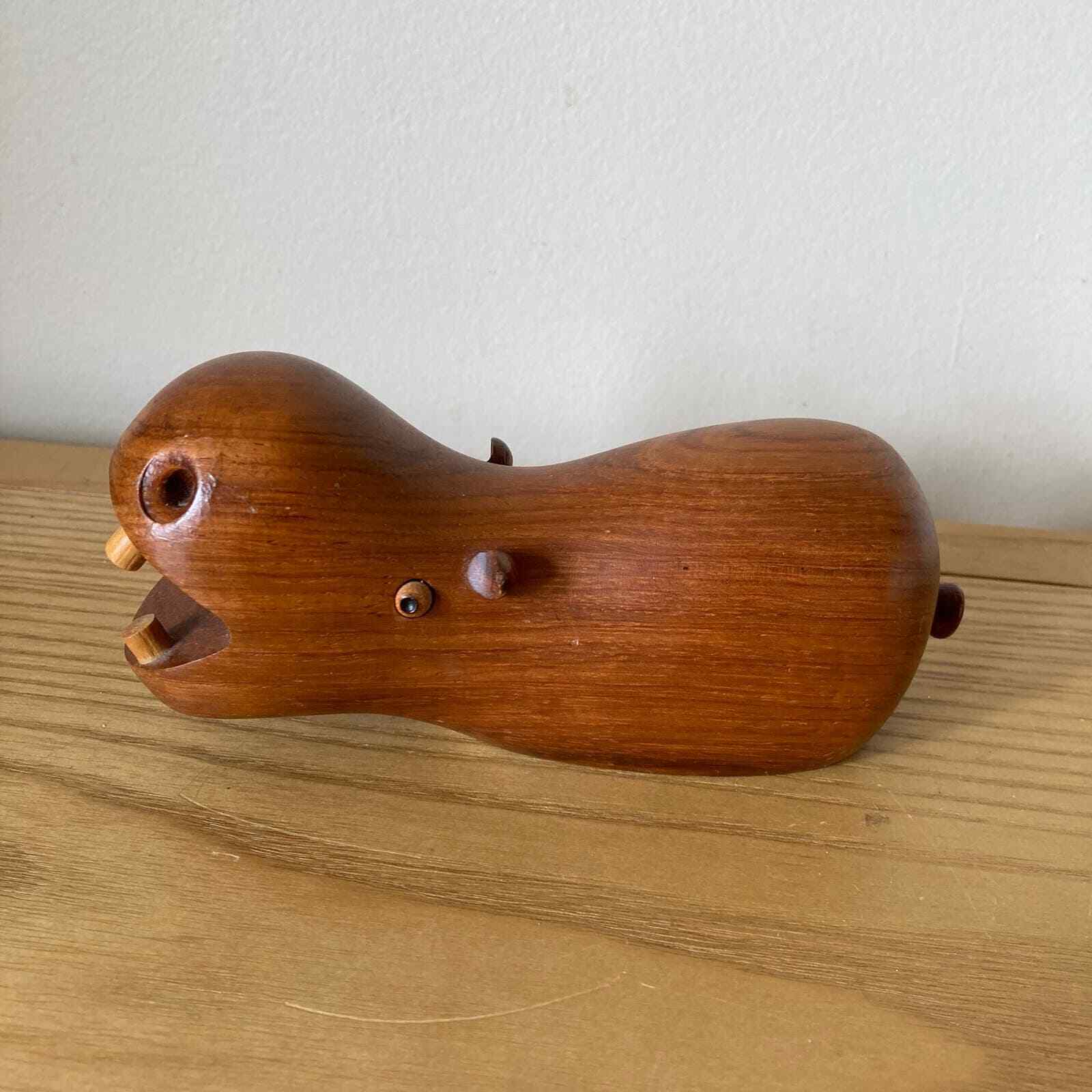 MCM Vintage Teak Wood Hippopotamus Brown Decorative Figurine 