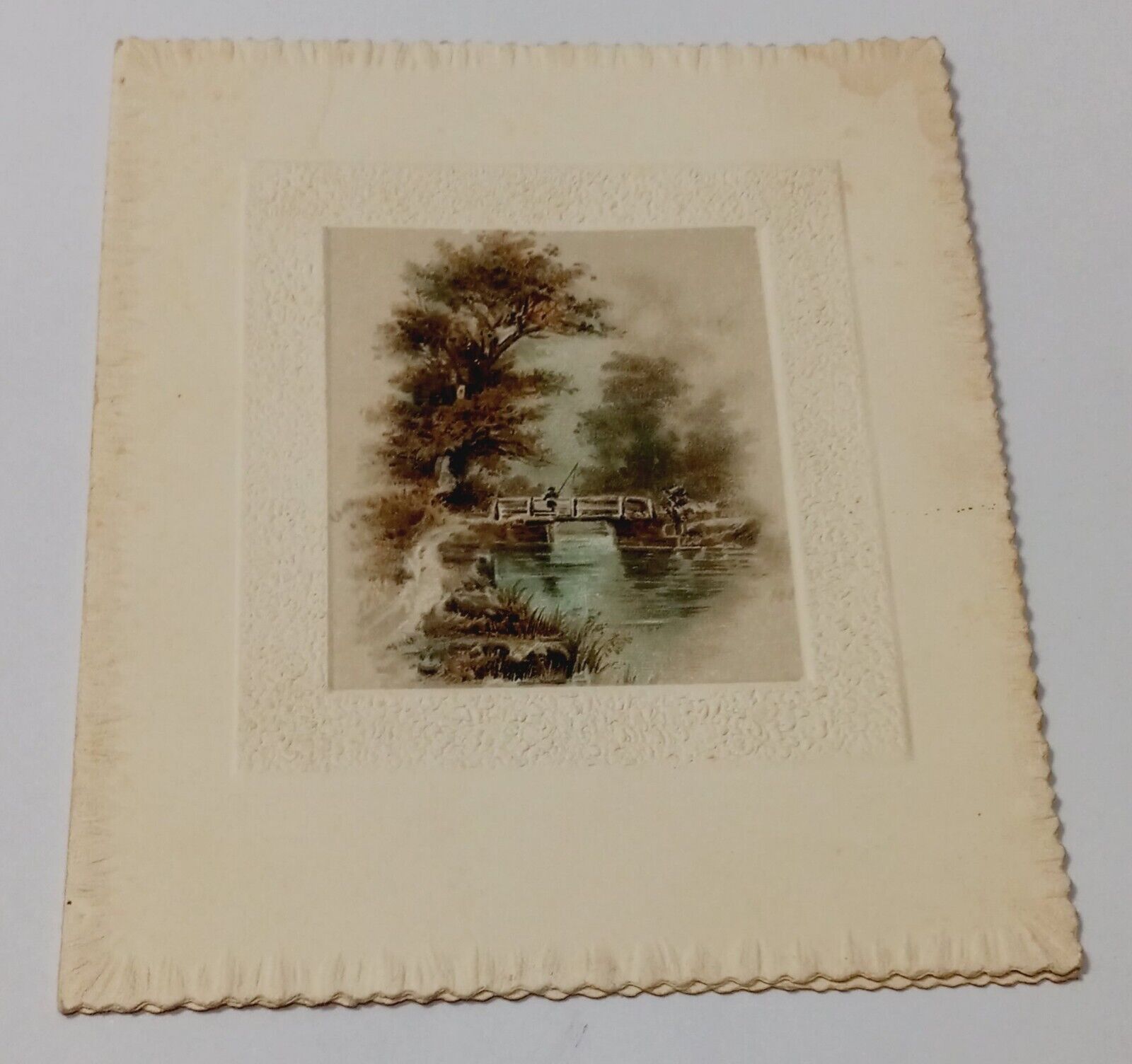VICTORIAN ANTIQUE GREETING CARD WISHES HAPPY NEW YEAR FISHING OFF BRIDGE PICTURE