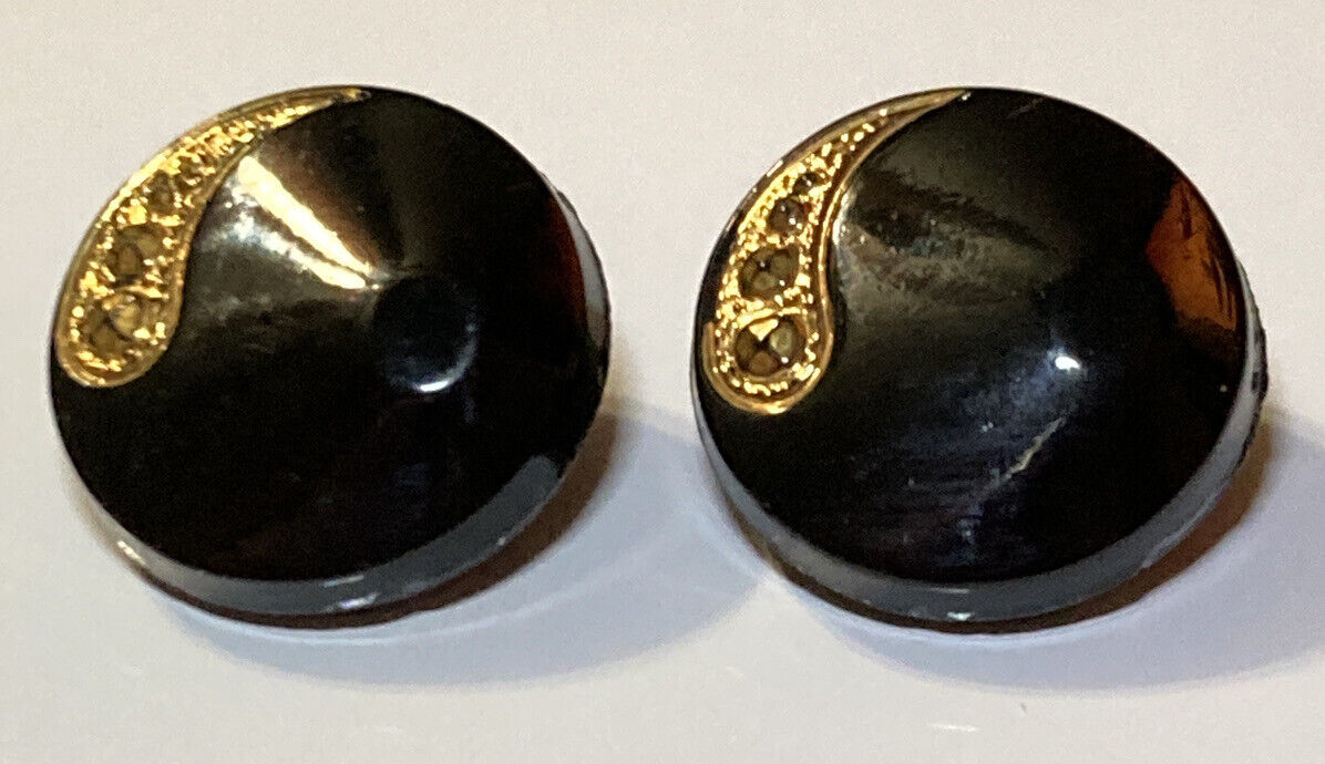 Lot of 2 VTG Black Glass Buttons Goldtone Beaded Single Paisley Self Shank 1/2\