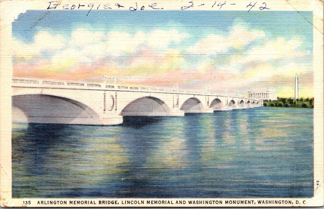 Washington DC Arlington Memorial Bridge Vintage Postcard Postmarked 1942