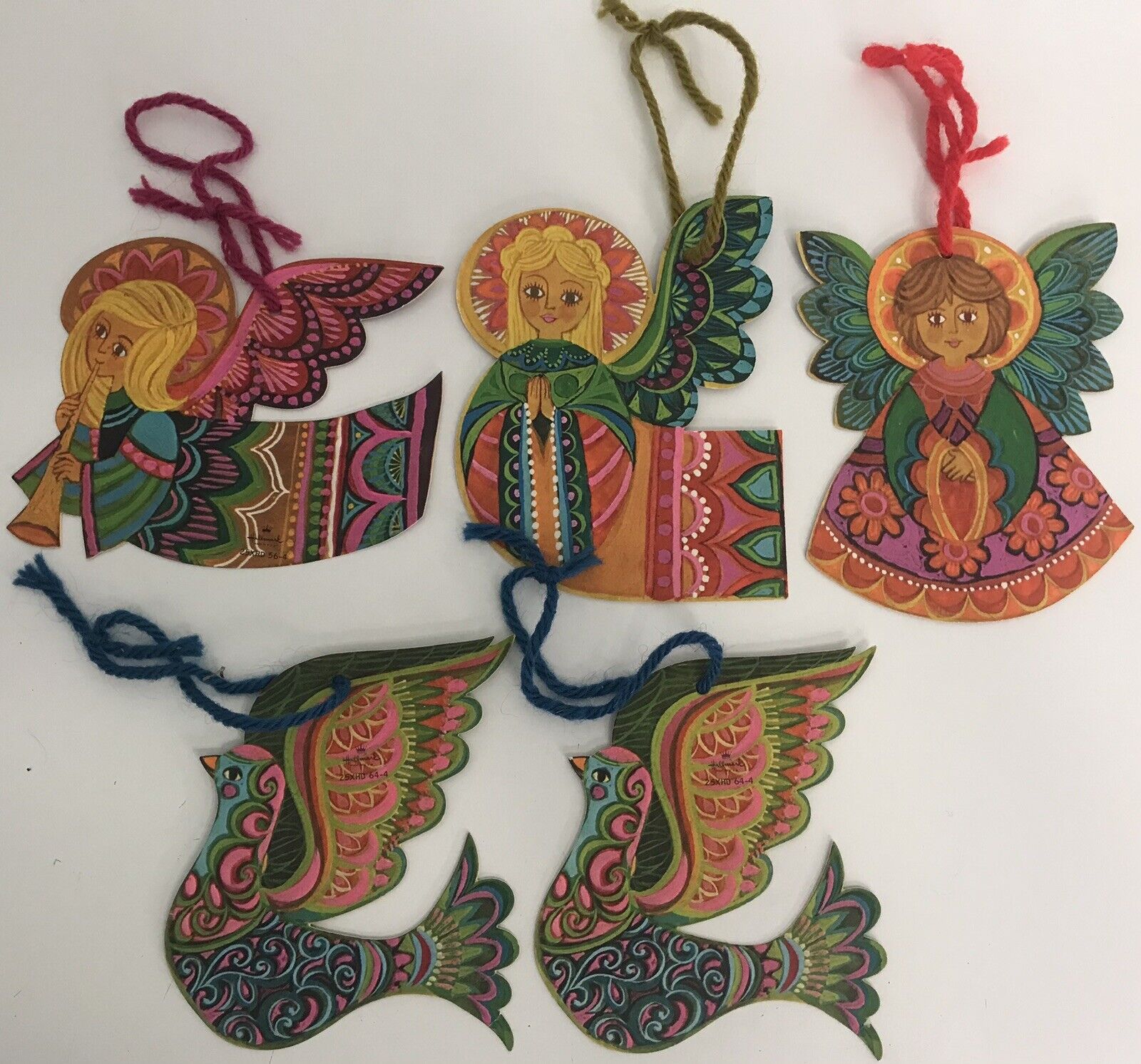 Vintage 70s Hallmark Cardboard Christmas Ornaments Angels & Birds Lot Of 5 (C)