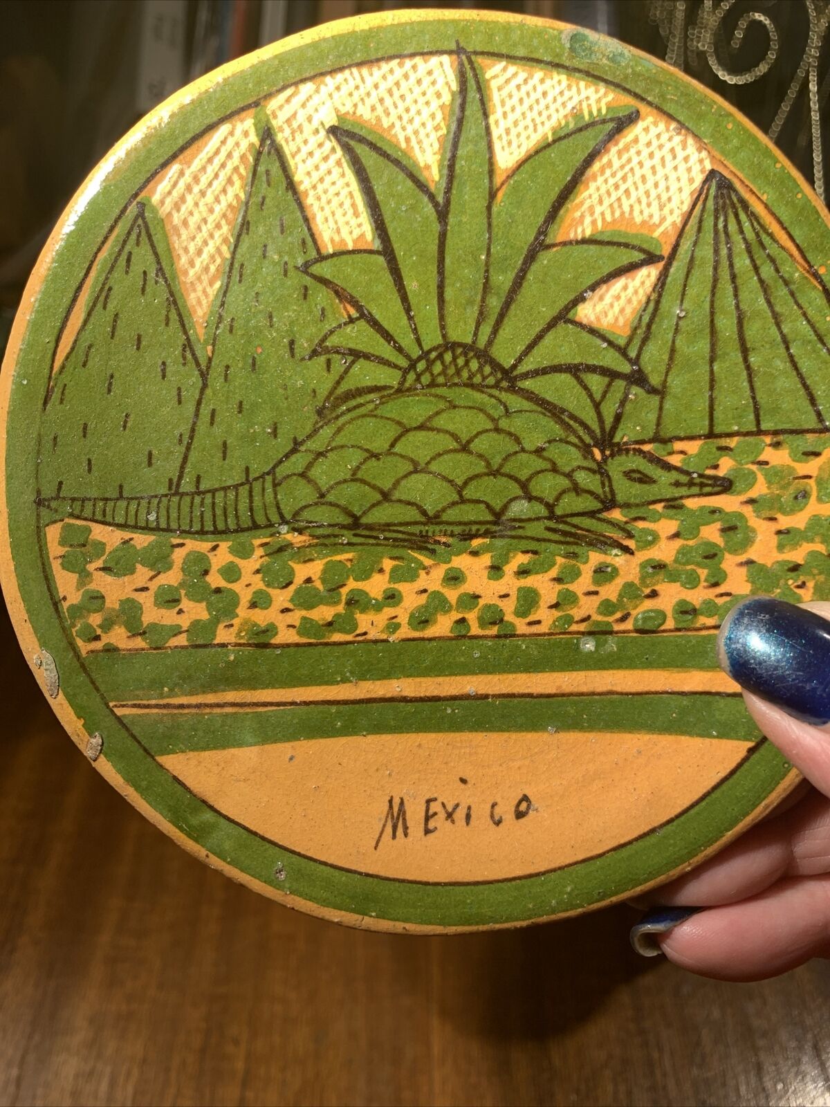 Vintage Hand Painted Pottery Small Dish~5”~Armadillo~Southwest Decor~Mexico