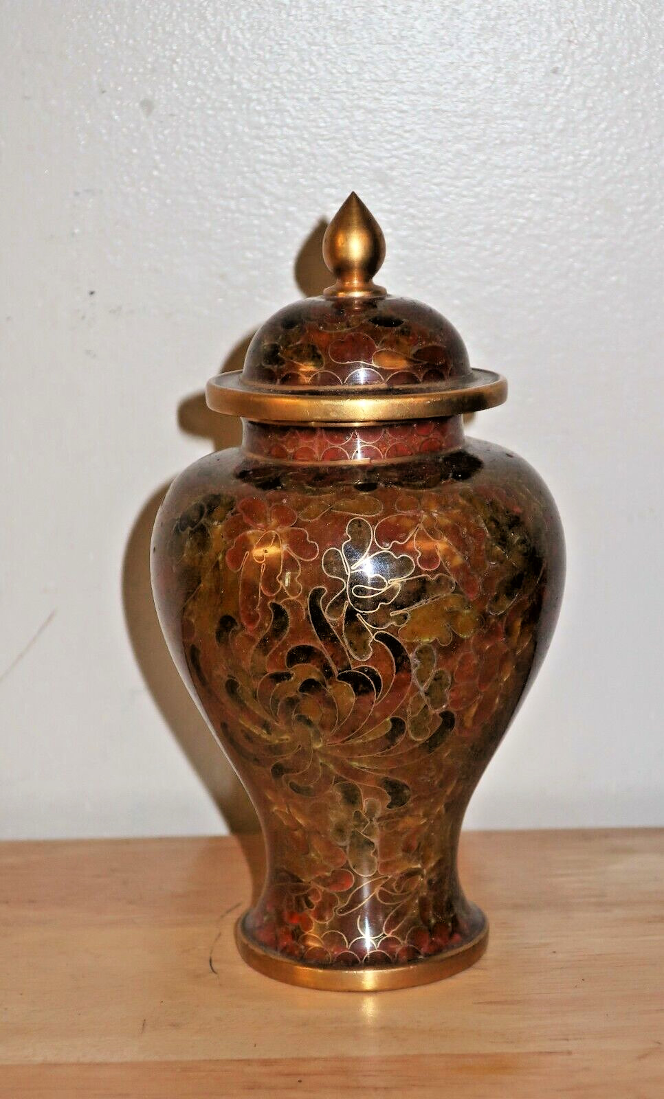 vintage small Chinese urn jar warm brown rust colors brass 5\