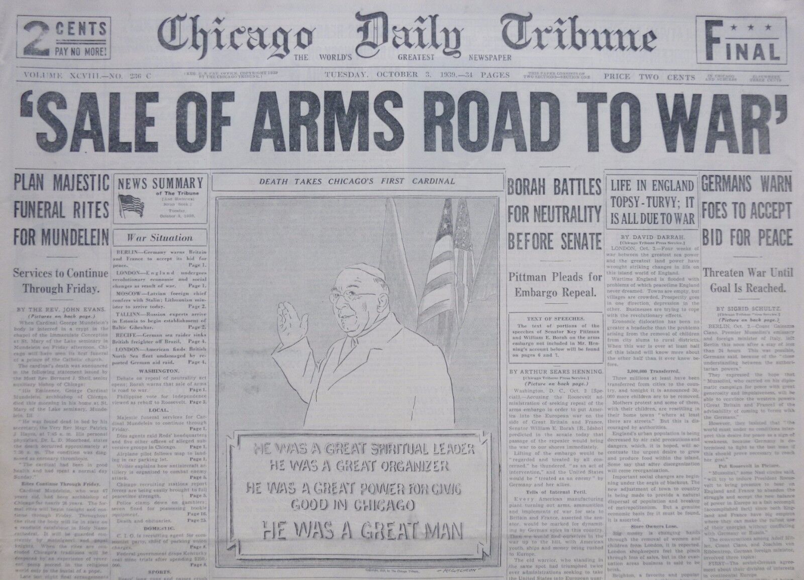 10-1939 WWII October 3 SALE OF ARMS ROAD TO WAR. DEATH TAKES CHICAGO CARDINAL 
