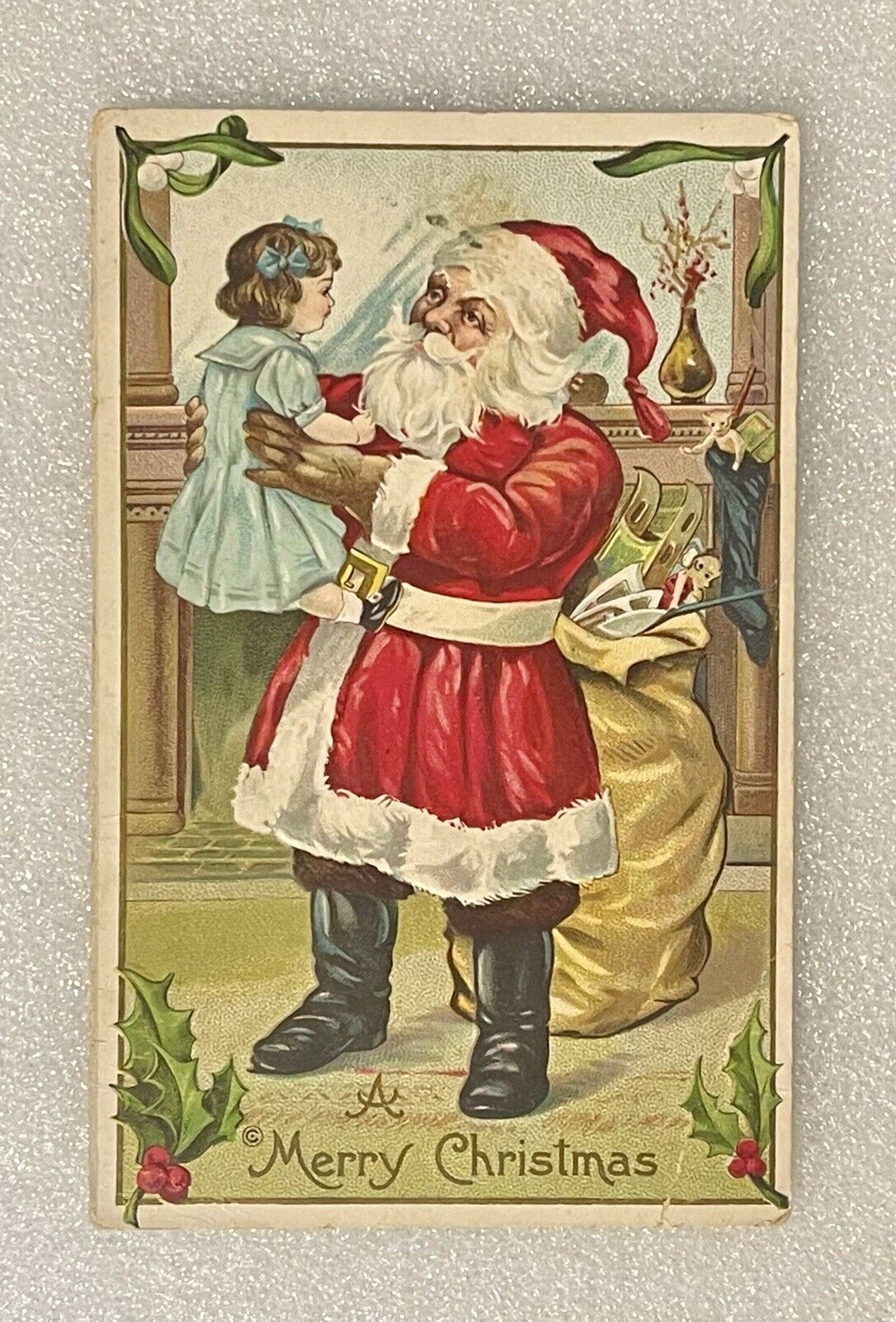 Antique Merry Christmas Postcard ~ Santa Claus, Doll, Gift ~ Embossed