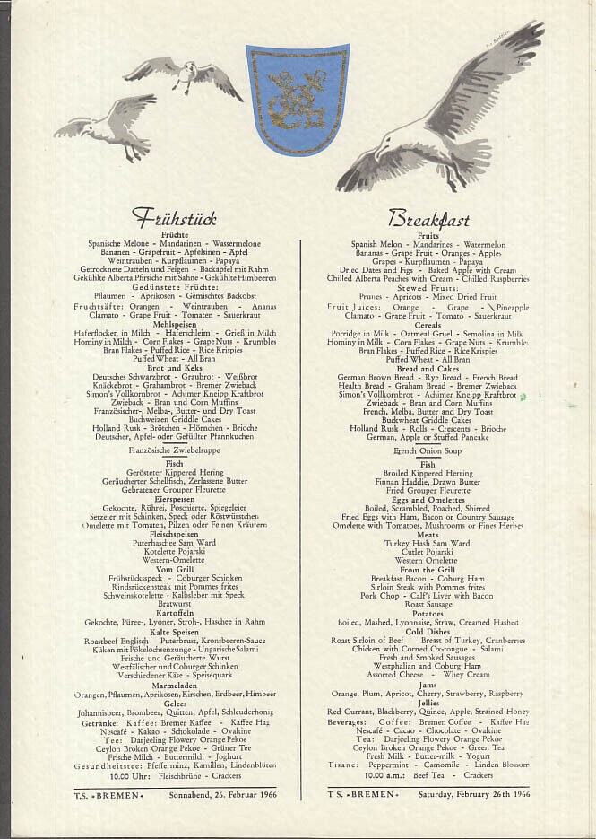 Norddeutscher Lloyd Bremen T S Bremen Breakfast Menu card 2/26 1966
