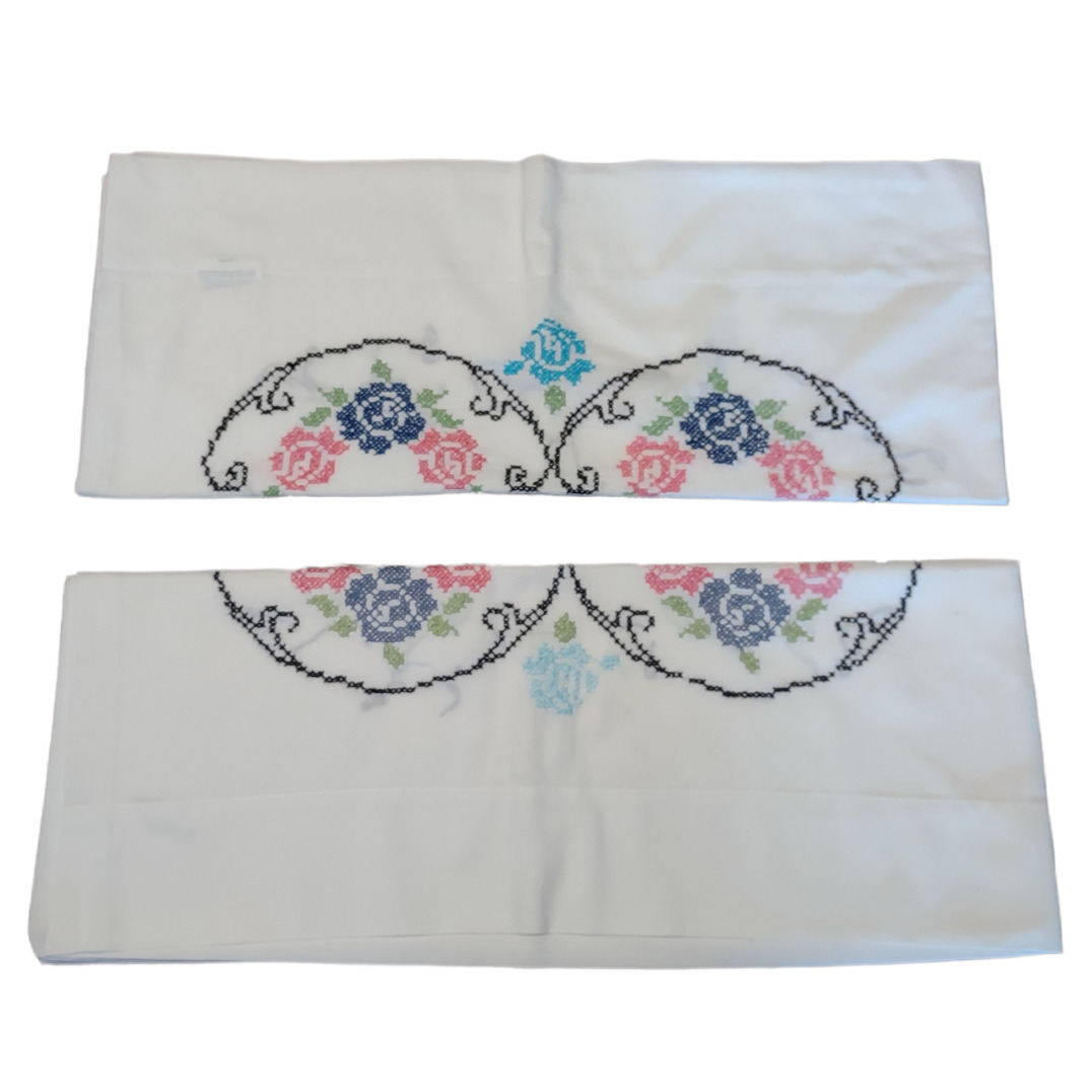Pillowcase Set of 2 Cross Stitch Flowers and Swag Pink Blue Black Green
