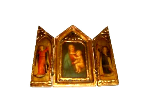 ANTIQUE ITALIAN FLORENTINE TRIPTYCH FOLDING ICON MOTHER CHILD ANGELS GESSO WOOD