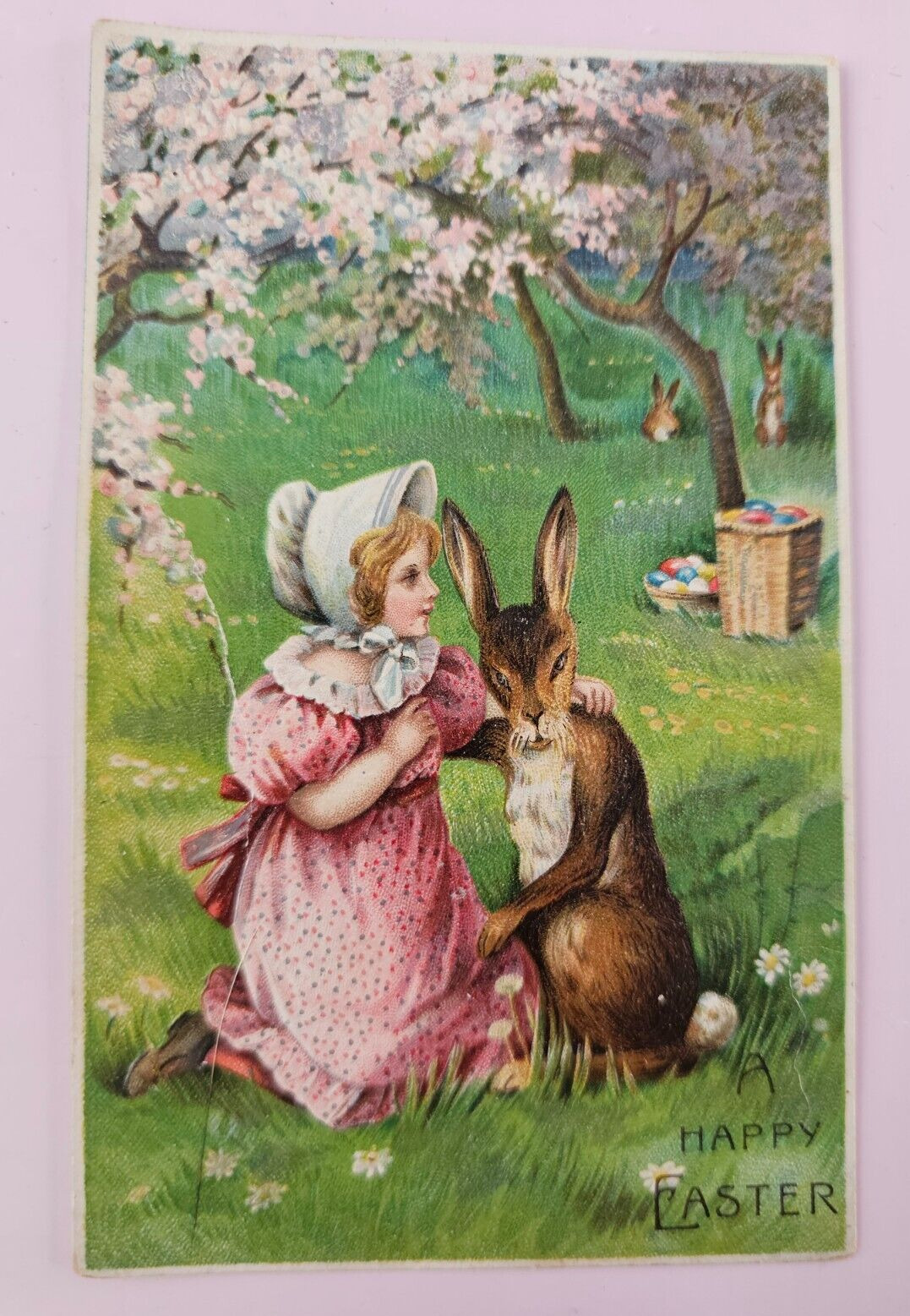 Antique Postcard Girl With Large Rabbit Happy Easter Germany Embossed