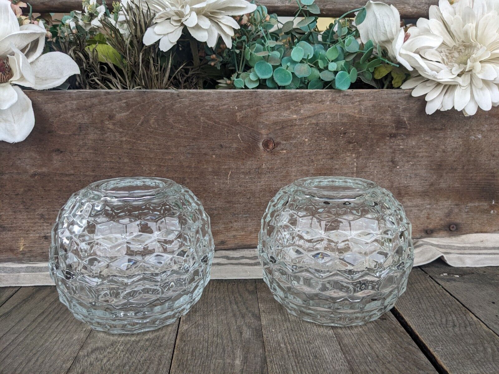 Vintage Homco 2-Piece Clear Glass Fairy Lamp Cubist Globe Candle Holders (2)
