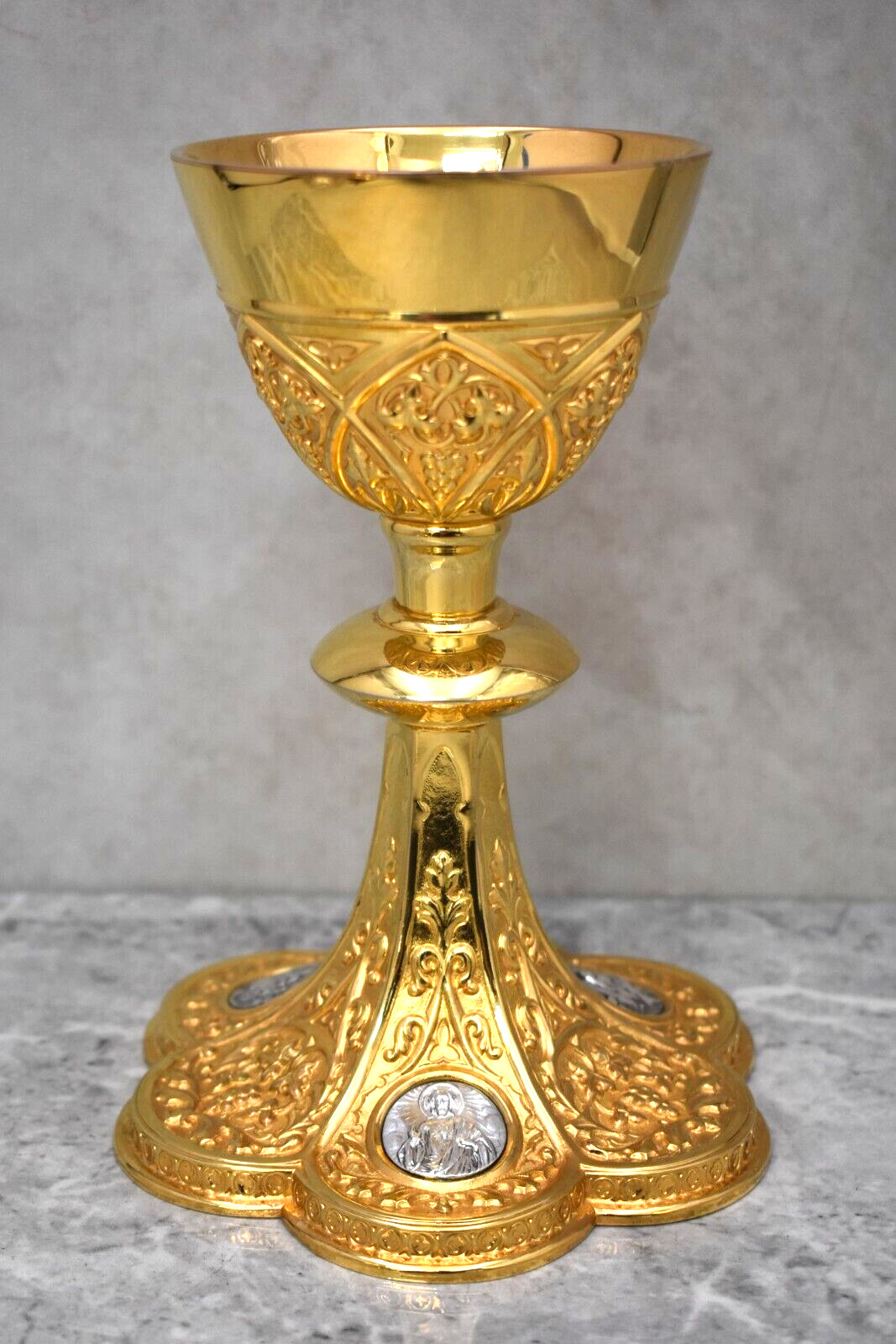 Gothic Holy Family Chalice, Made in Spain, Used But Still Very Clean (CU204)