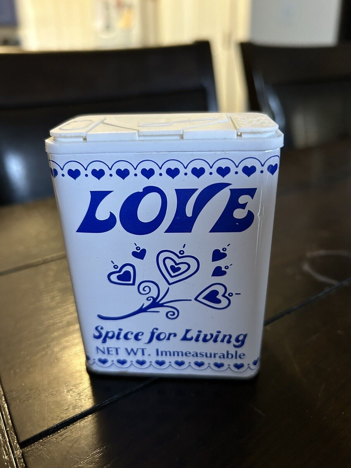 Vintage Blue Lettering LOVE Is The Spice for Living Tin Immeasurable RARE