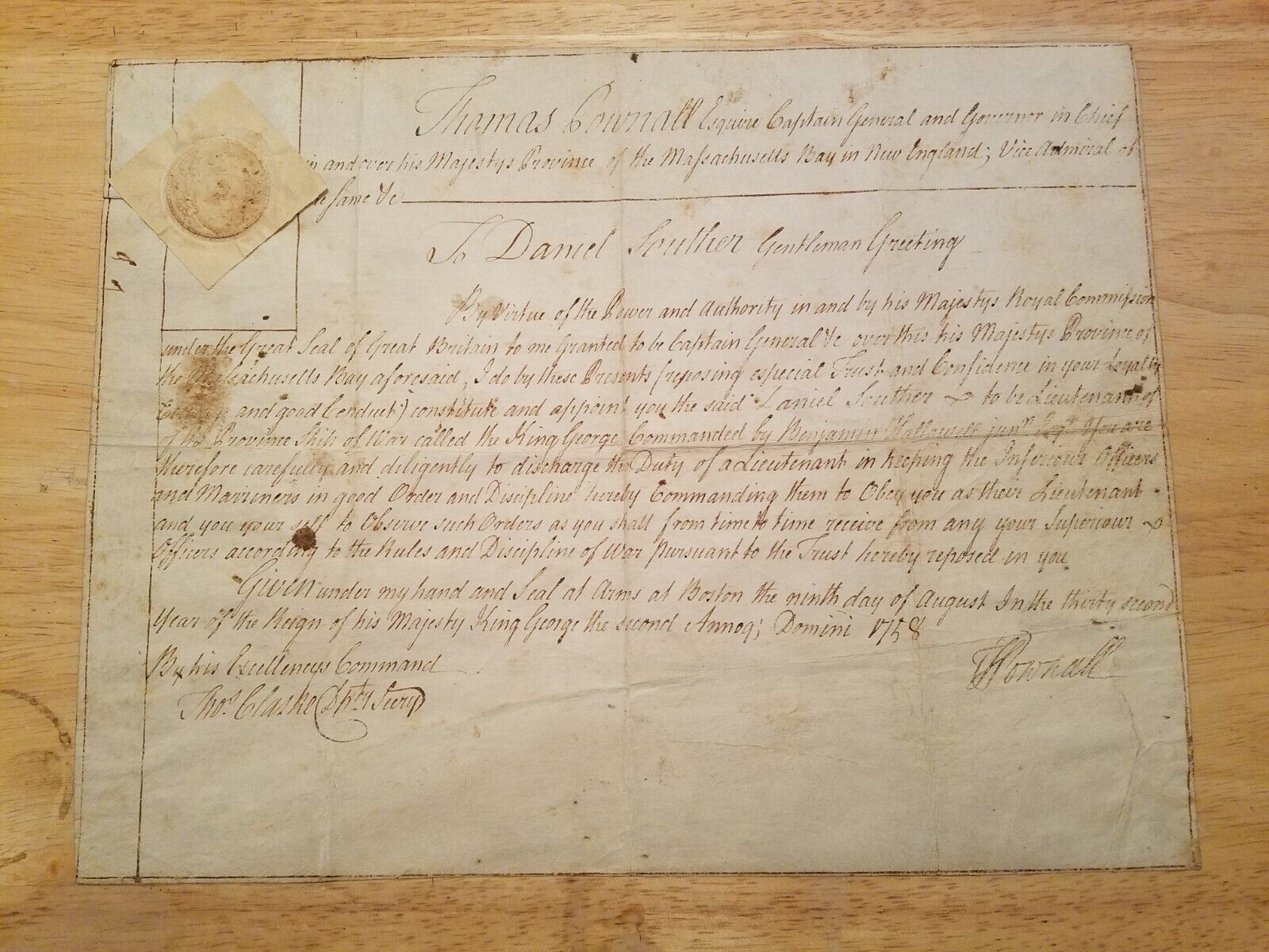 1758 French + Indian War NAVAL Appointment / Commission SIGNED Governor Pownall