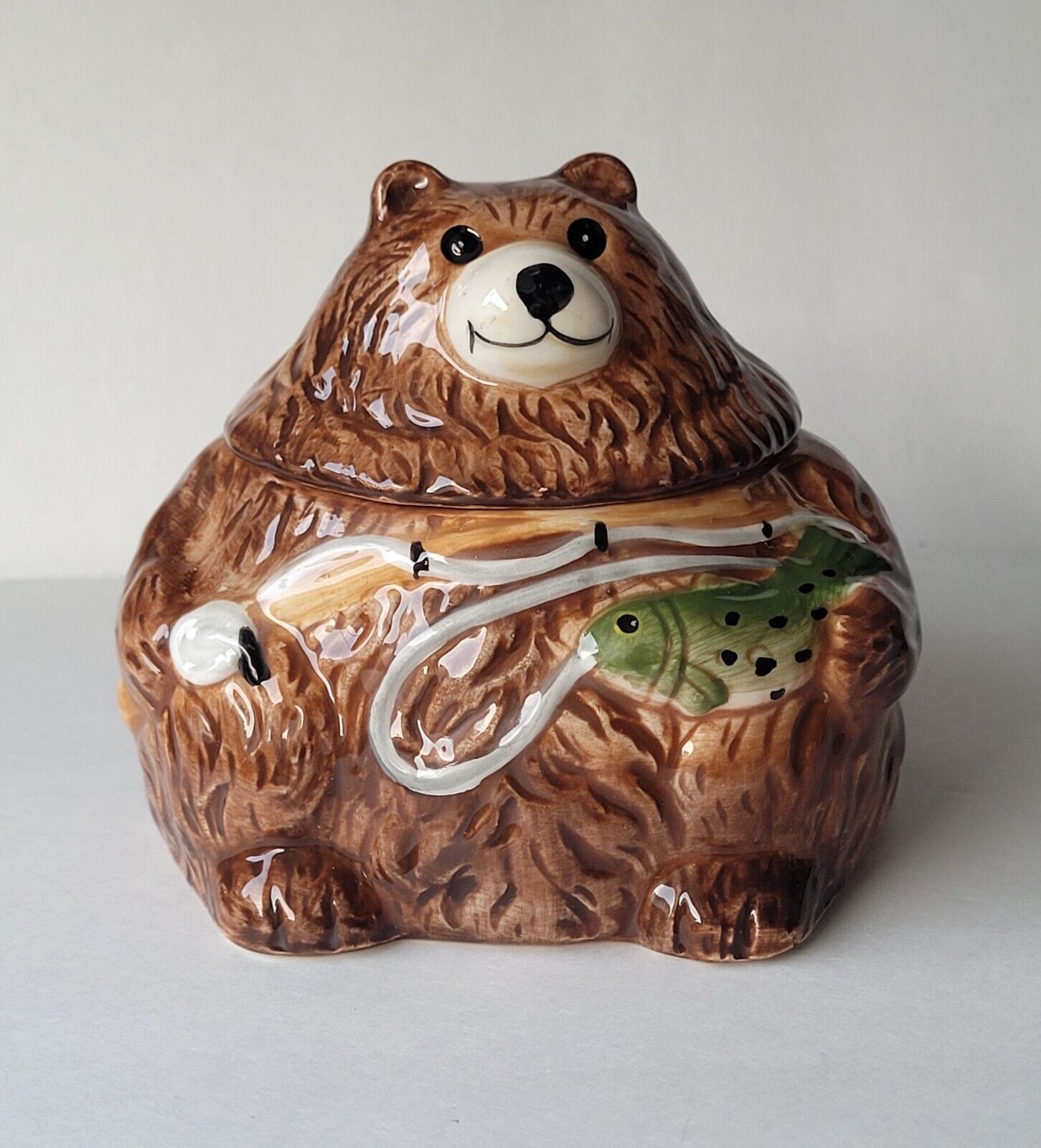 Vtg Cute SMALL Brown Fishing Bear Mini Cookie Jar Candy Holding Trout Signed WCL