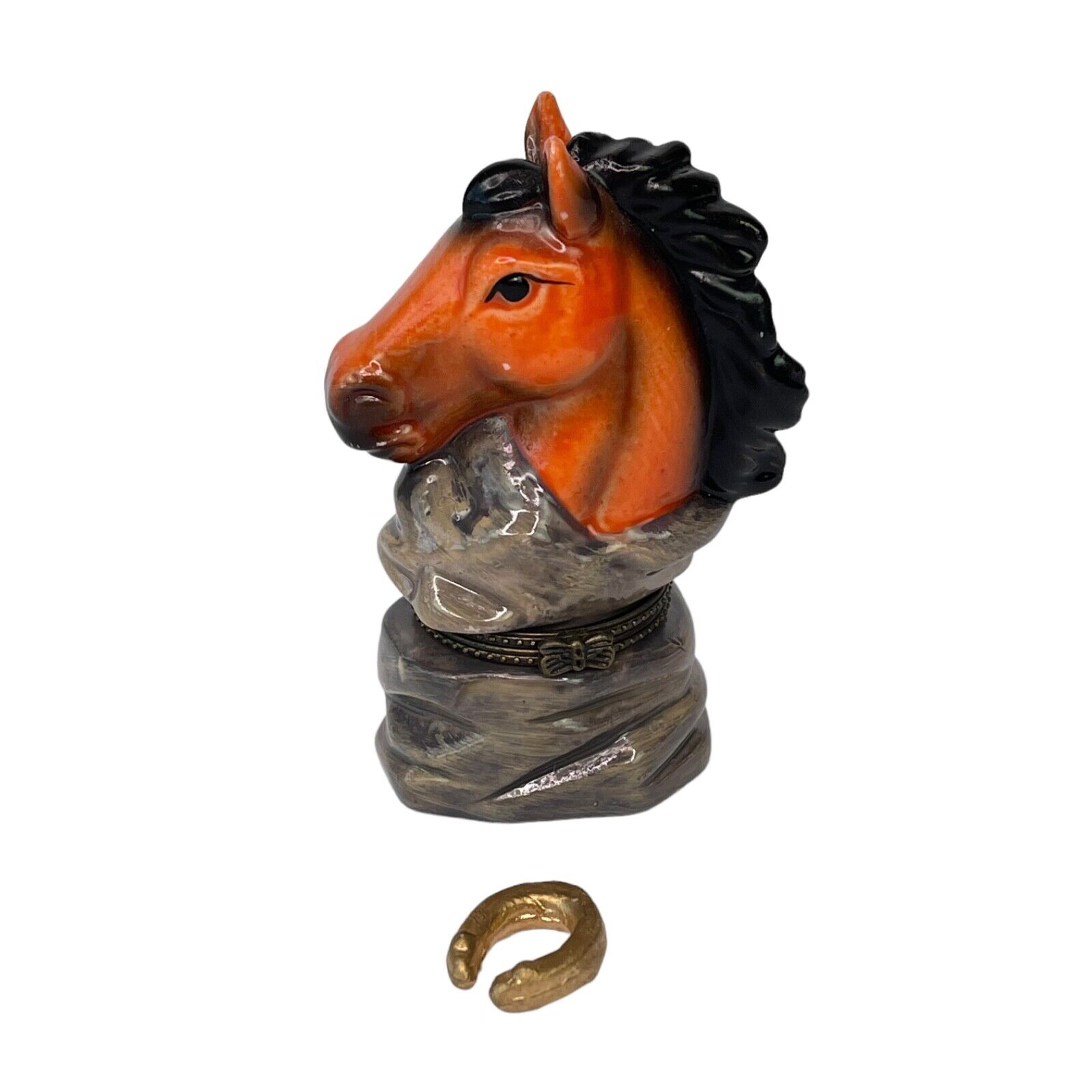 Horse Head Trinket Box Hinged Ceramic Hand Painted with Horseshoe Inside
