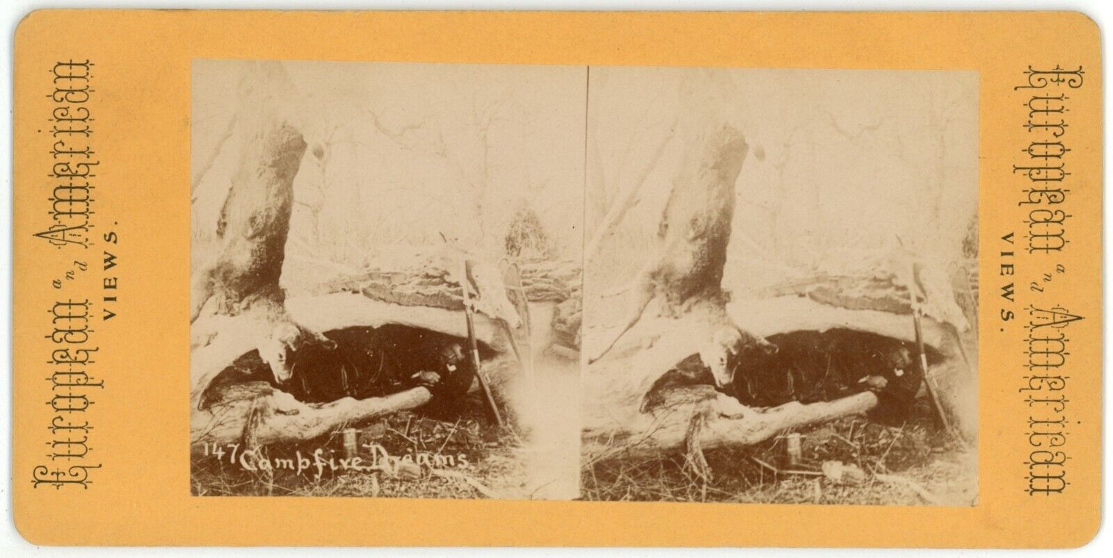 c1900's Rare Stereoview Real Photo Campfire Dreams.  Hunter With Deer Carcass