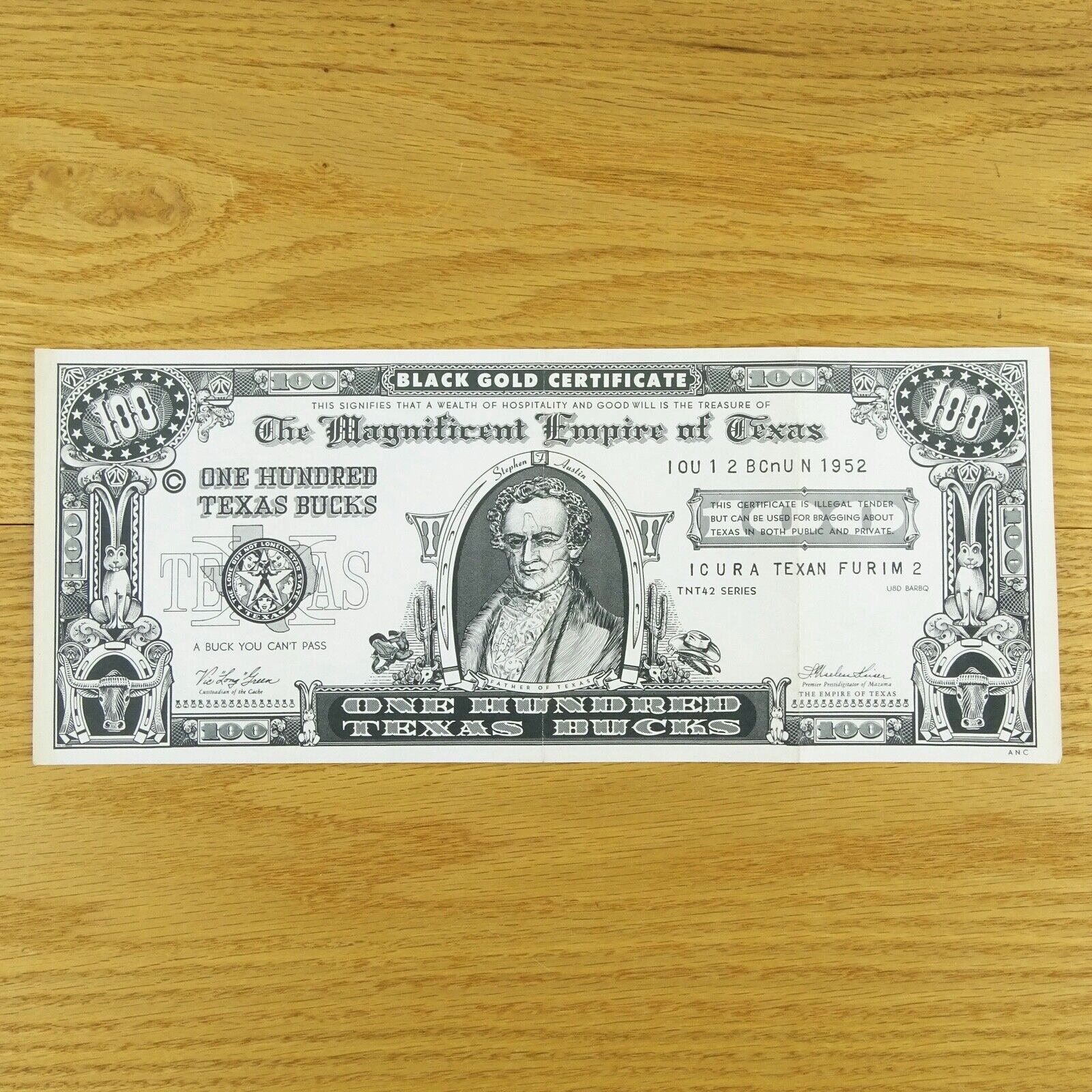 100 Texas Bucks Dollars Novelty Note Currency 1952 Texas Black Gold Certificate