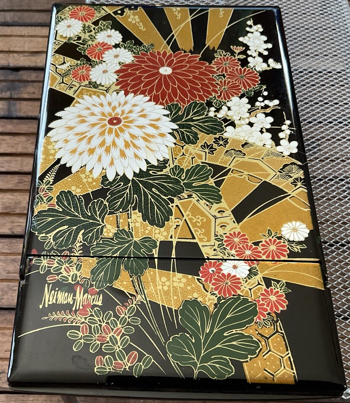 Vintage Neiman Marcus - Lacquer Asian Desk Folding Flowered Mirror Japan HTF