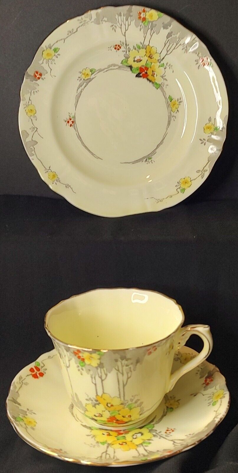 Vintage English Crown Staffordshire Porcelain Teacup Saucer and Plate 