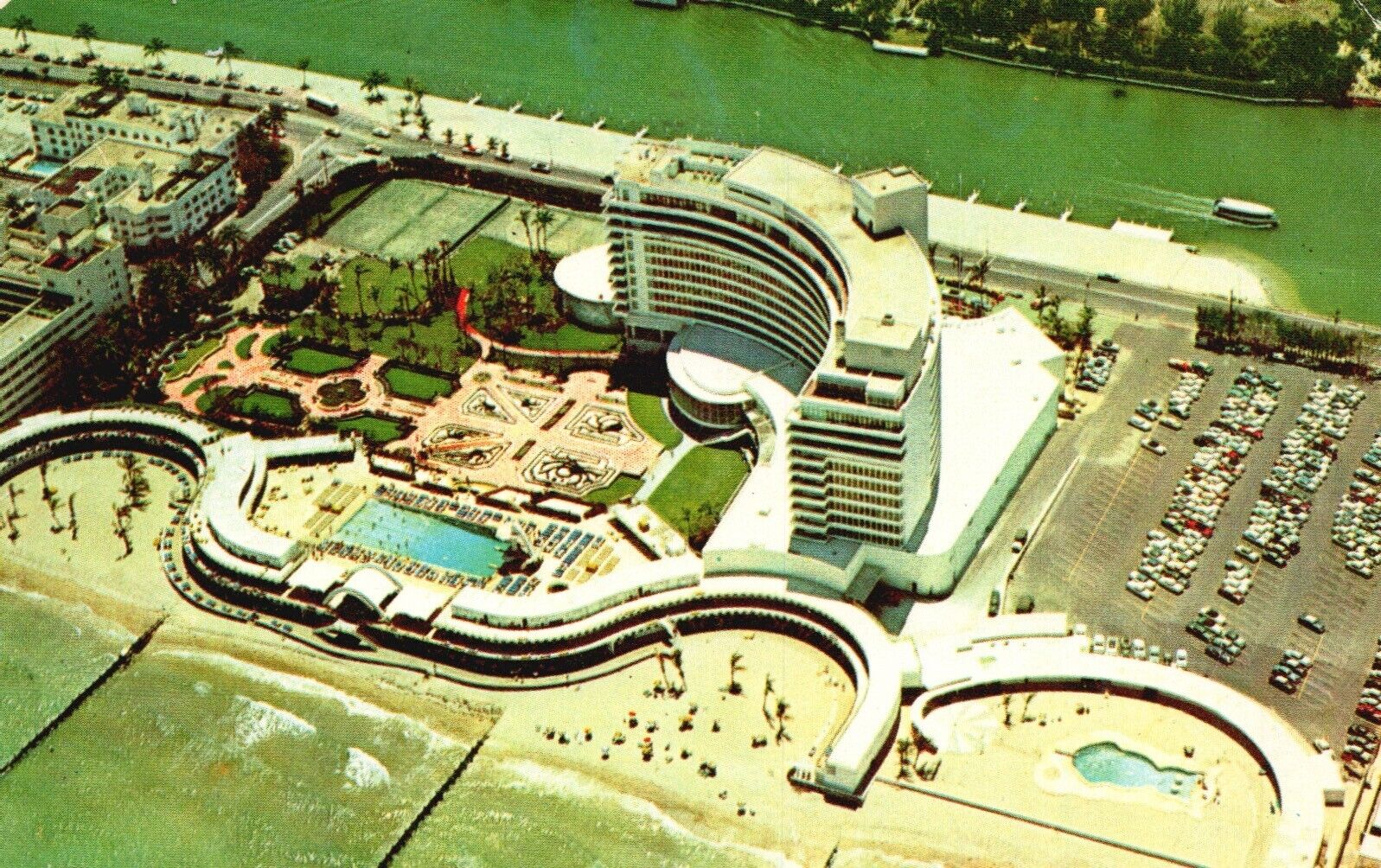Postcard FL Miami Beach Fontainebleu Hotel Air View 1957 Chrome Vintage PC H797
