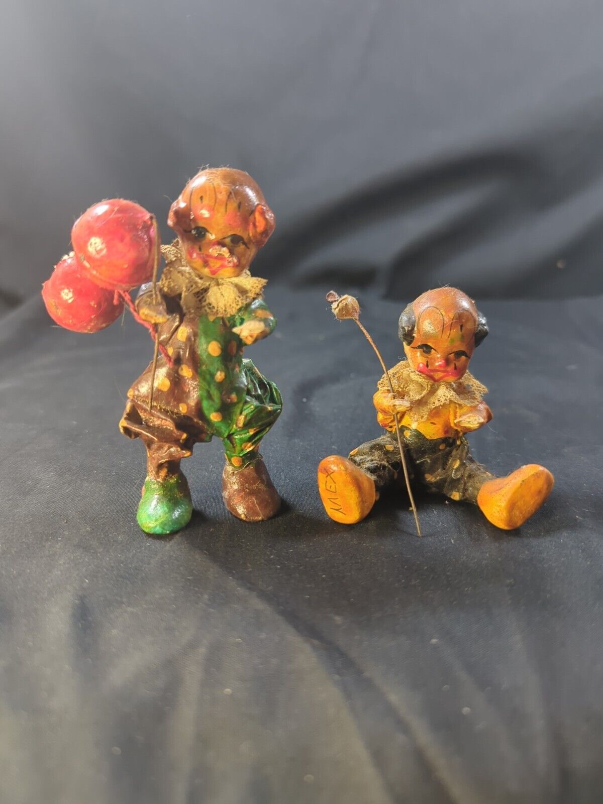 Vintage Set Paper Mache Creepy Kid Clowns Figurine with Balloons Made In Mexico