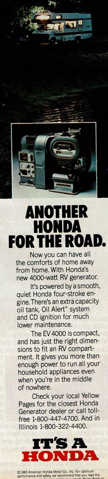 1982 Vintage Print Ad It\'s a Honda Another For The Road 4000-watt RV generator