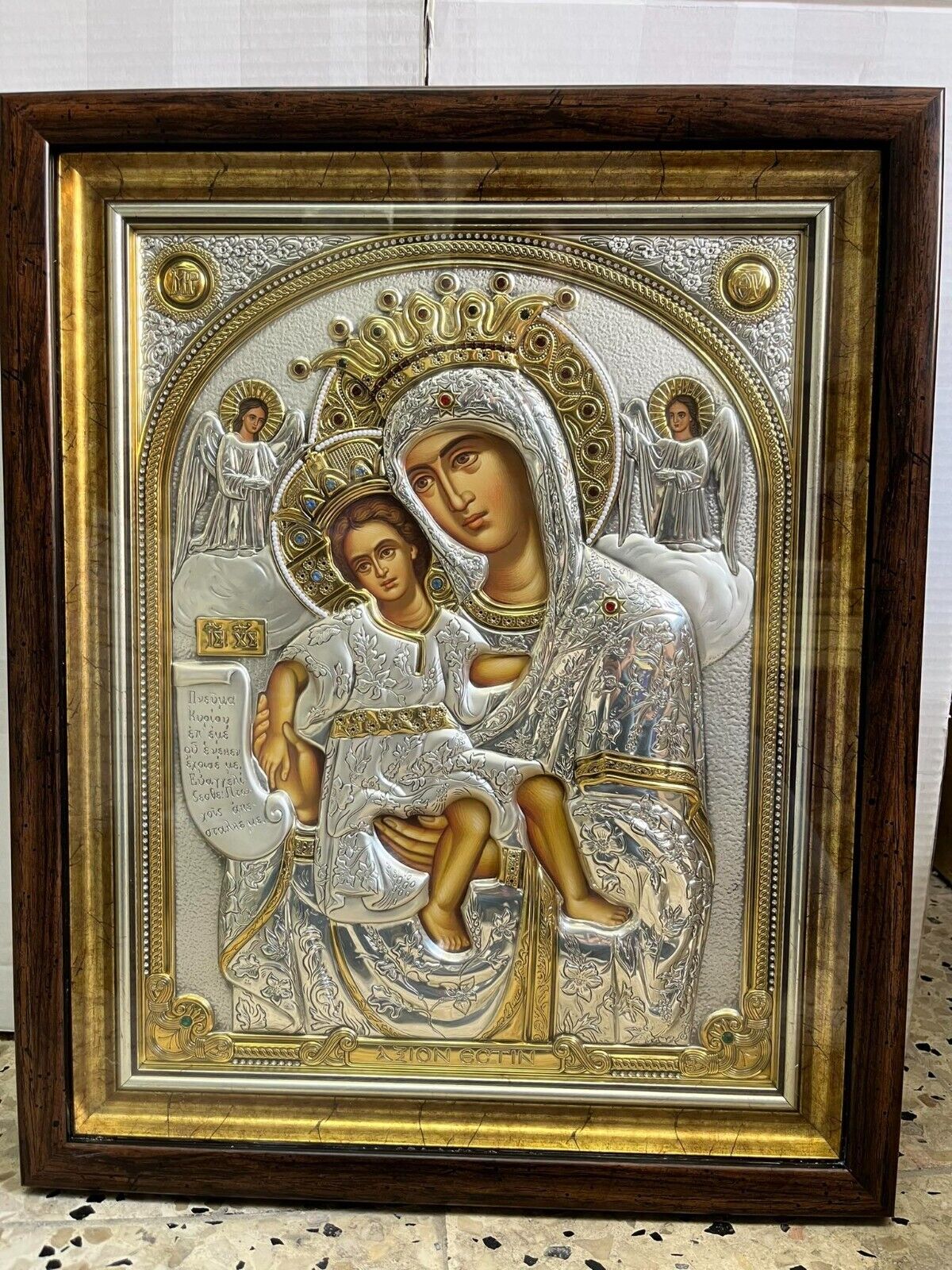 Axion Estin Icon Of The Theotokos(Mother Of God) Pure Silver 925 From Holy Land