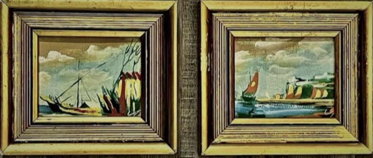 Retro wall art, pair oil paintings, Spain water boats, J.C. Penney, small