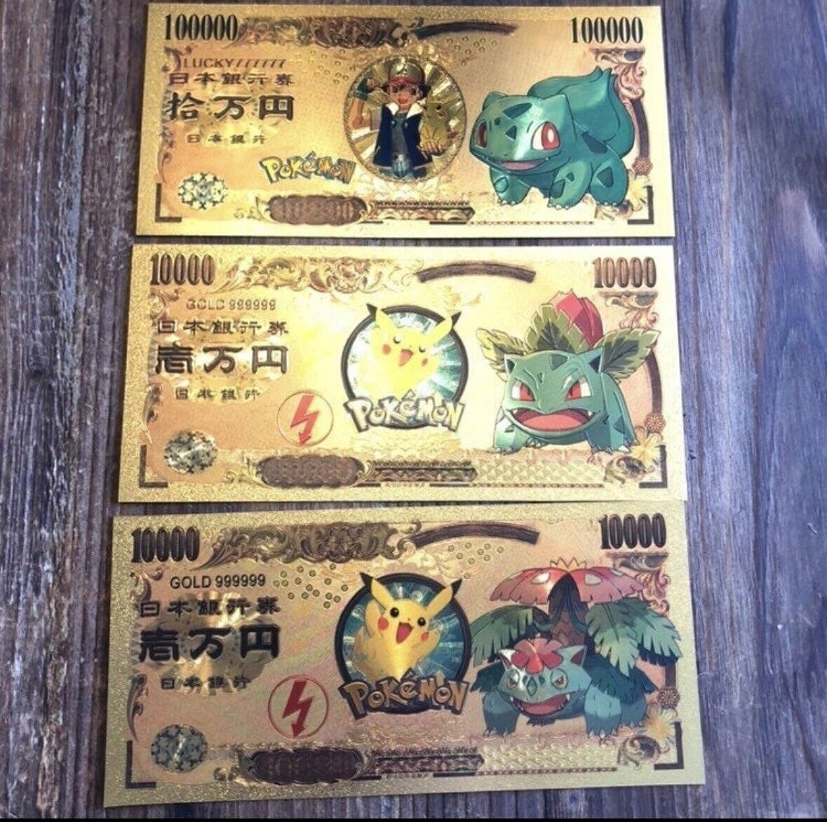 24k Gold Foil Plated Bulbasaur Evolution Pokemon Banknote Set Anime Collectible