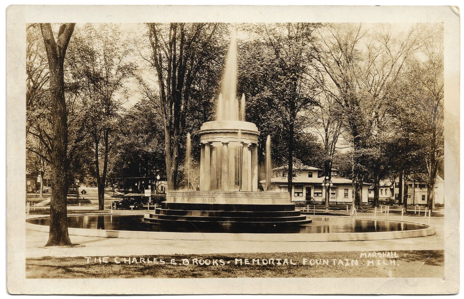 RPPC Charles E Brooks Memorial Fountain Marshall MI - Real Photo Postcard 5599