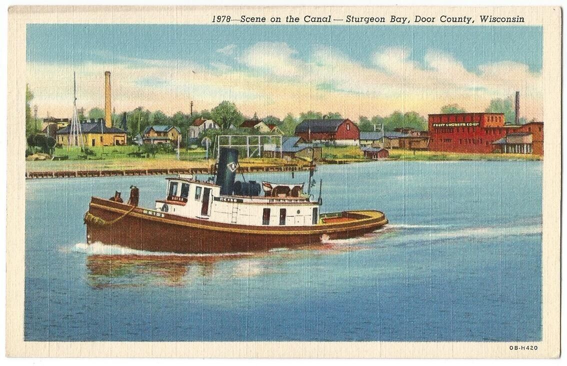 Sturgeon Bay Wisconsin WI ~ Tugboat on Canal Postcard 1940\'s