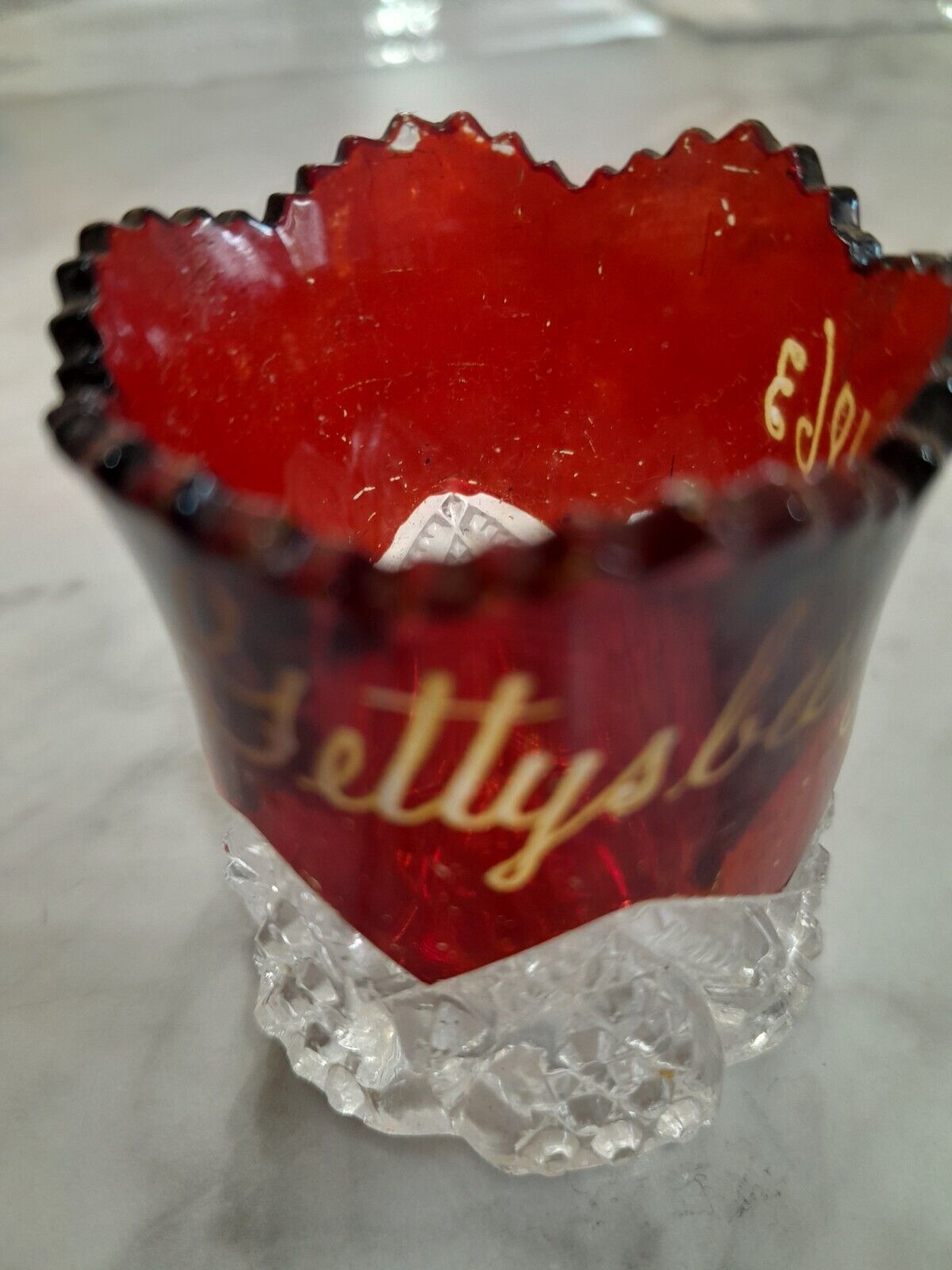 EAPG Ruby Stained Glas Toothpick Holder Gettysburg 1863 On Side