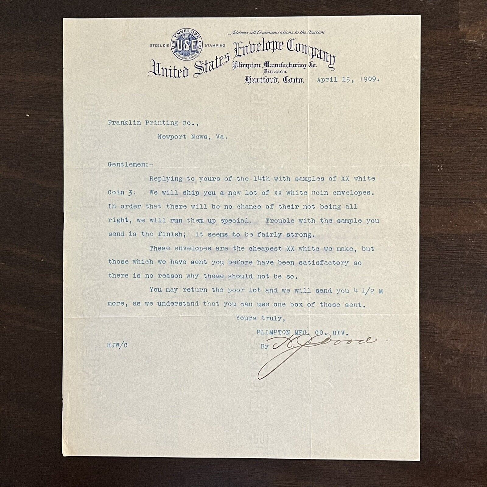 1909 U.S. ENVELOPE COMPANY CONNECTICUT TYPED LETTER STEEL DIE STAMPING