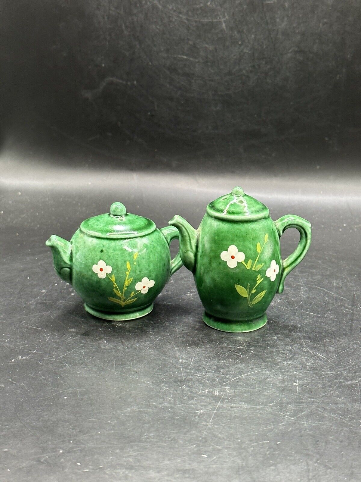 Vintage 1960s Germany Green Teapot Salt & Pepper Shakers Hand Painted