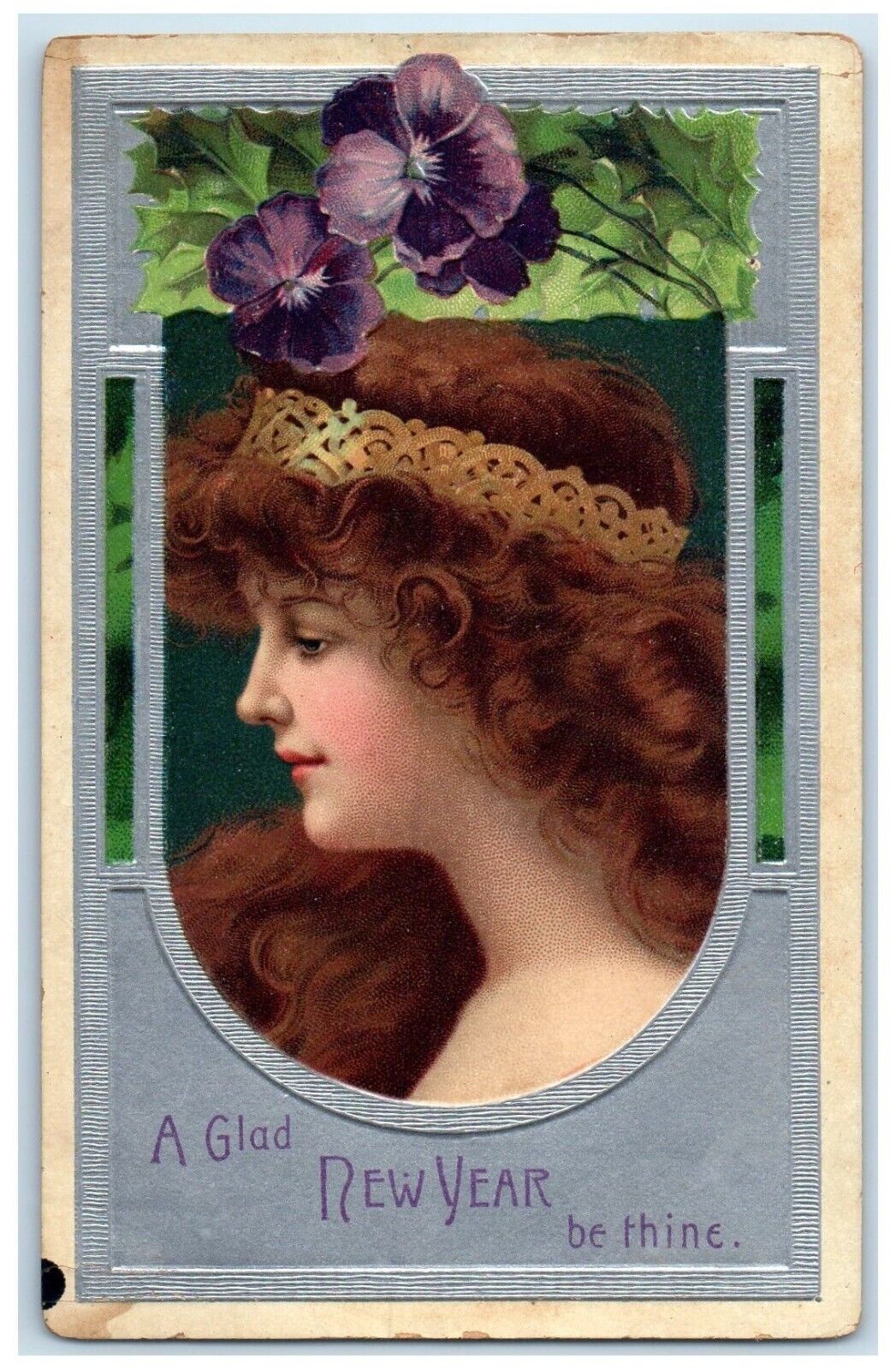 c1910's New Year Victorian Pretty Woman Flower Embossed Posted Antique Postcard