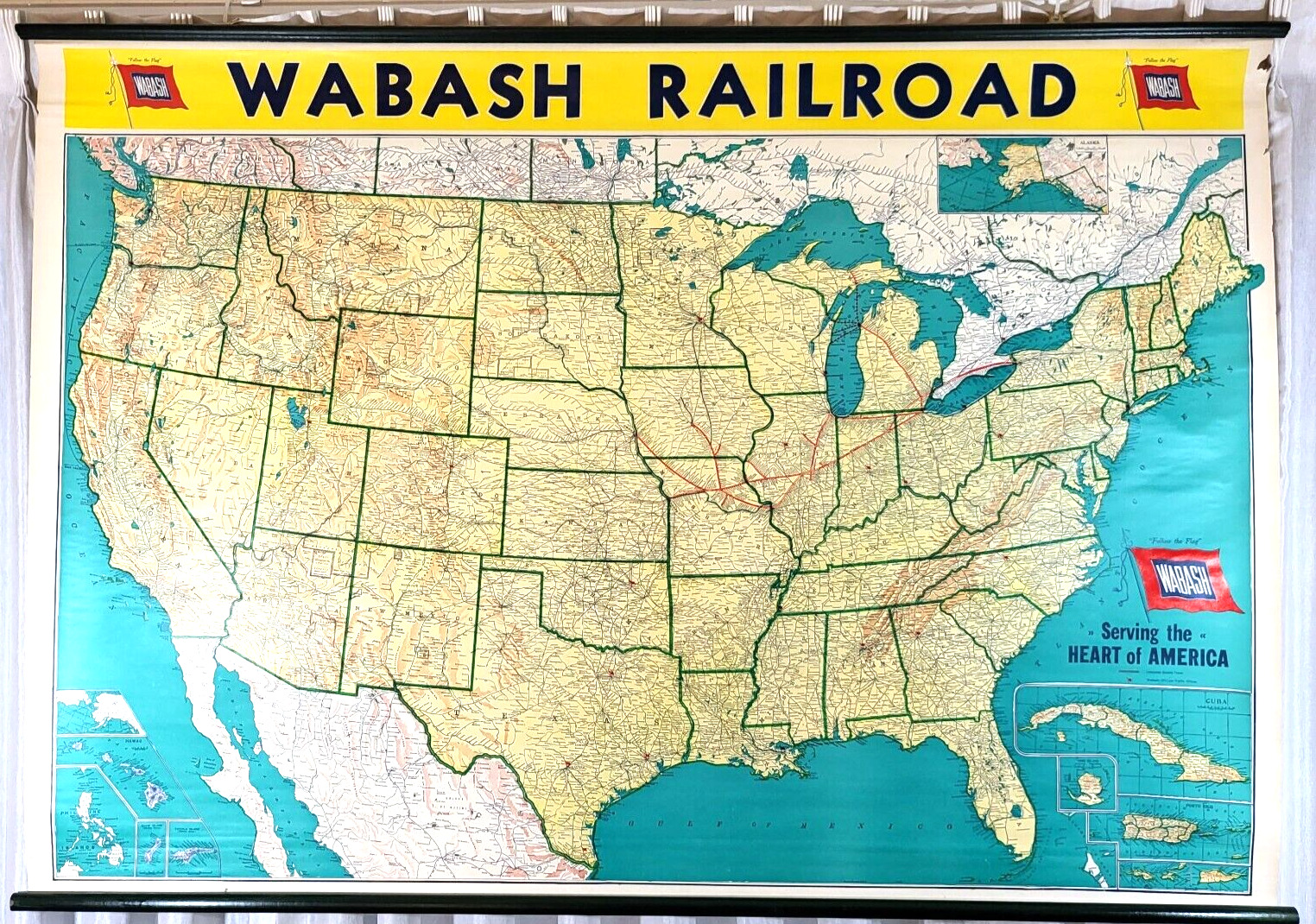 Rare Vintage Wabash Railroad 57 Inch X 40 Inch Wall Map - Not a Reproduction