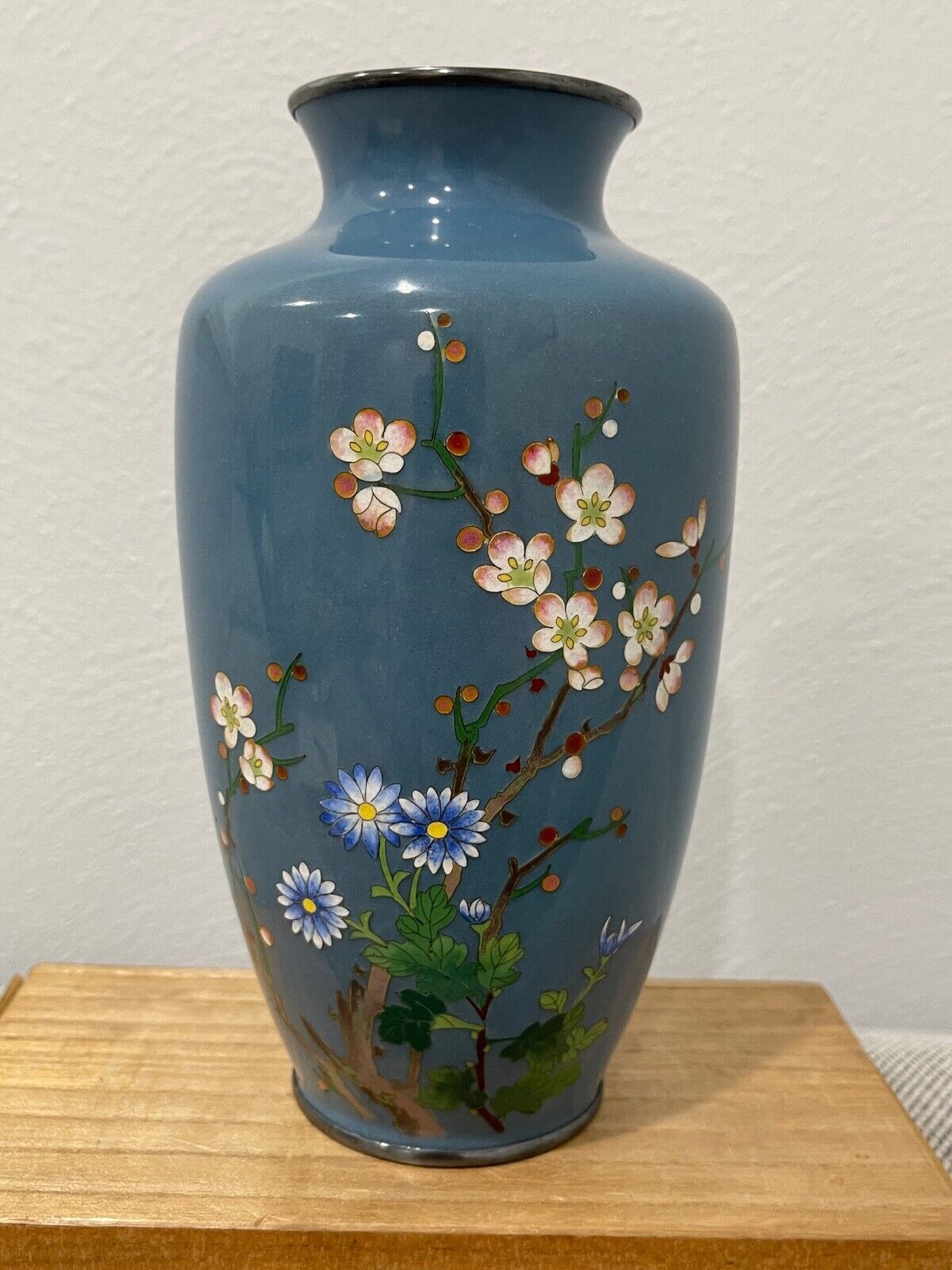 Vintage Japanese Silver Mounted Silver Wire Cloisonne Vase w/ Flowers Decoration