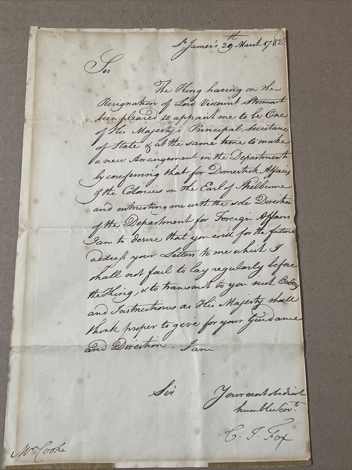 Important 1782 Post Revolutionary War Letter Signed C J Fox Kings Appointments