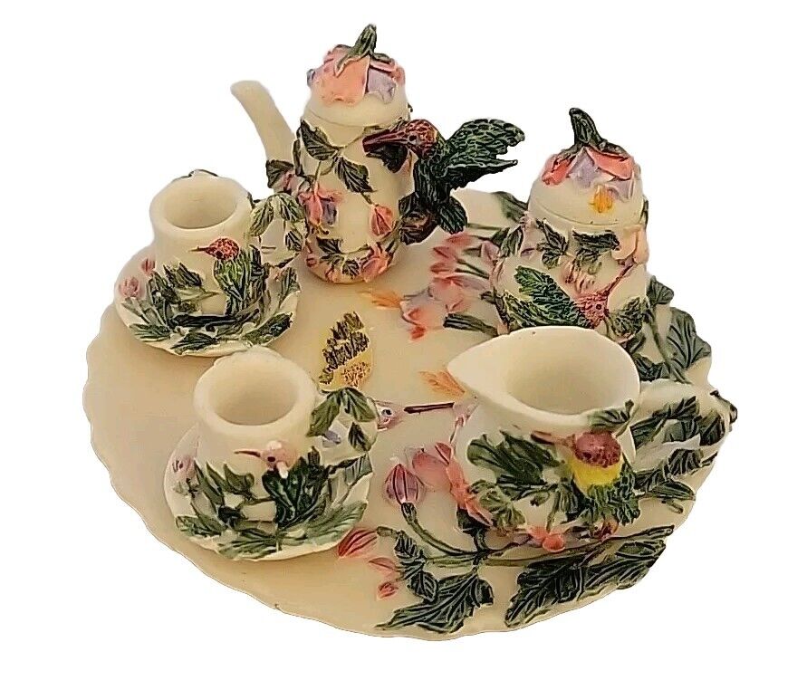 Vintage Miniature Resin Hummingbird Flower Tea Set w Plate