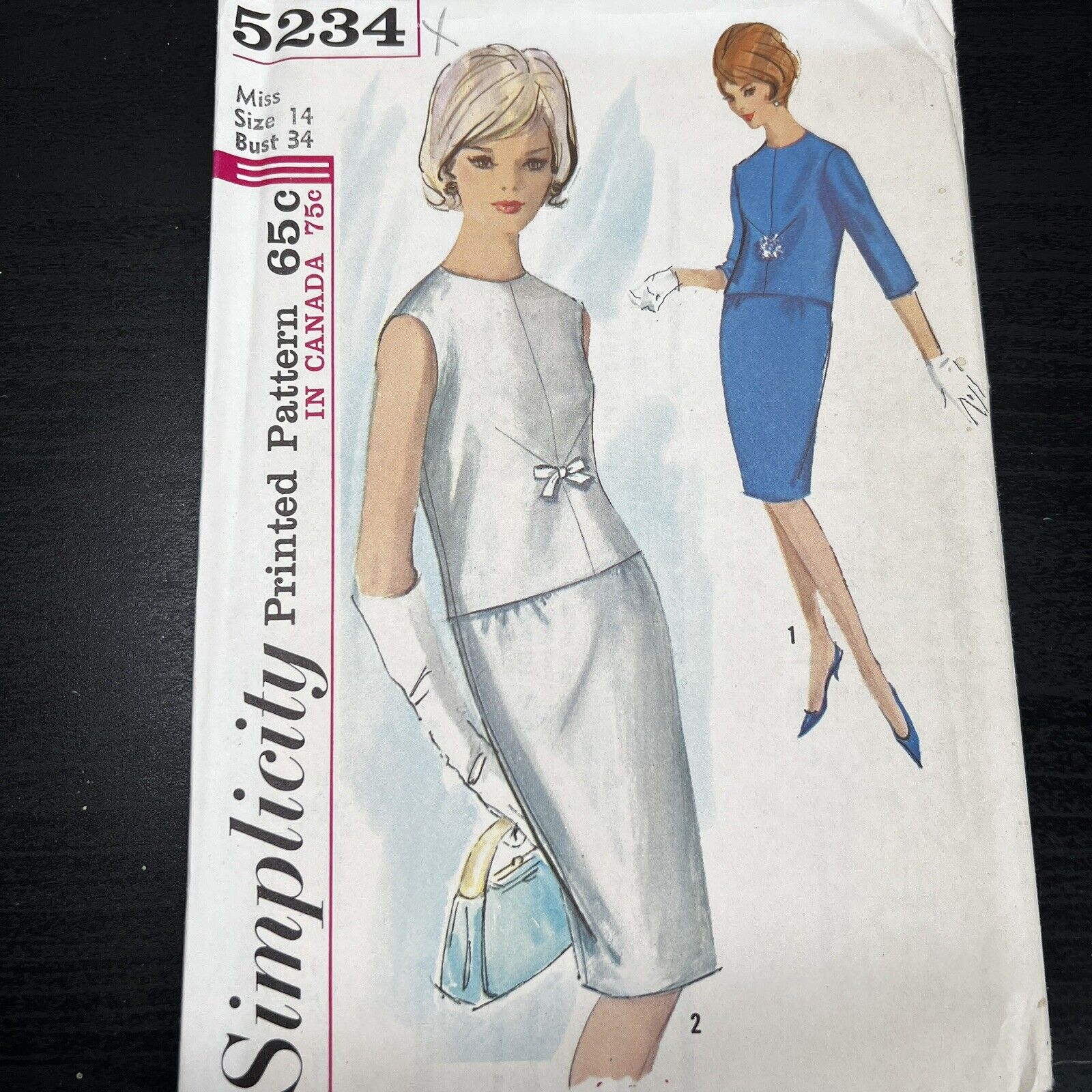 Vintage 1960s Simplicity 5234 MCM Mod Skirt + Blouse Sewing Pattern 14 XS CUT