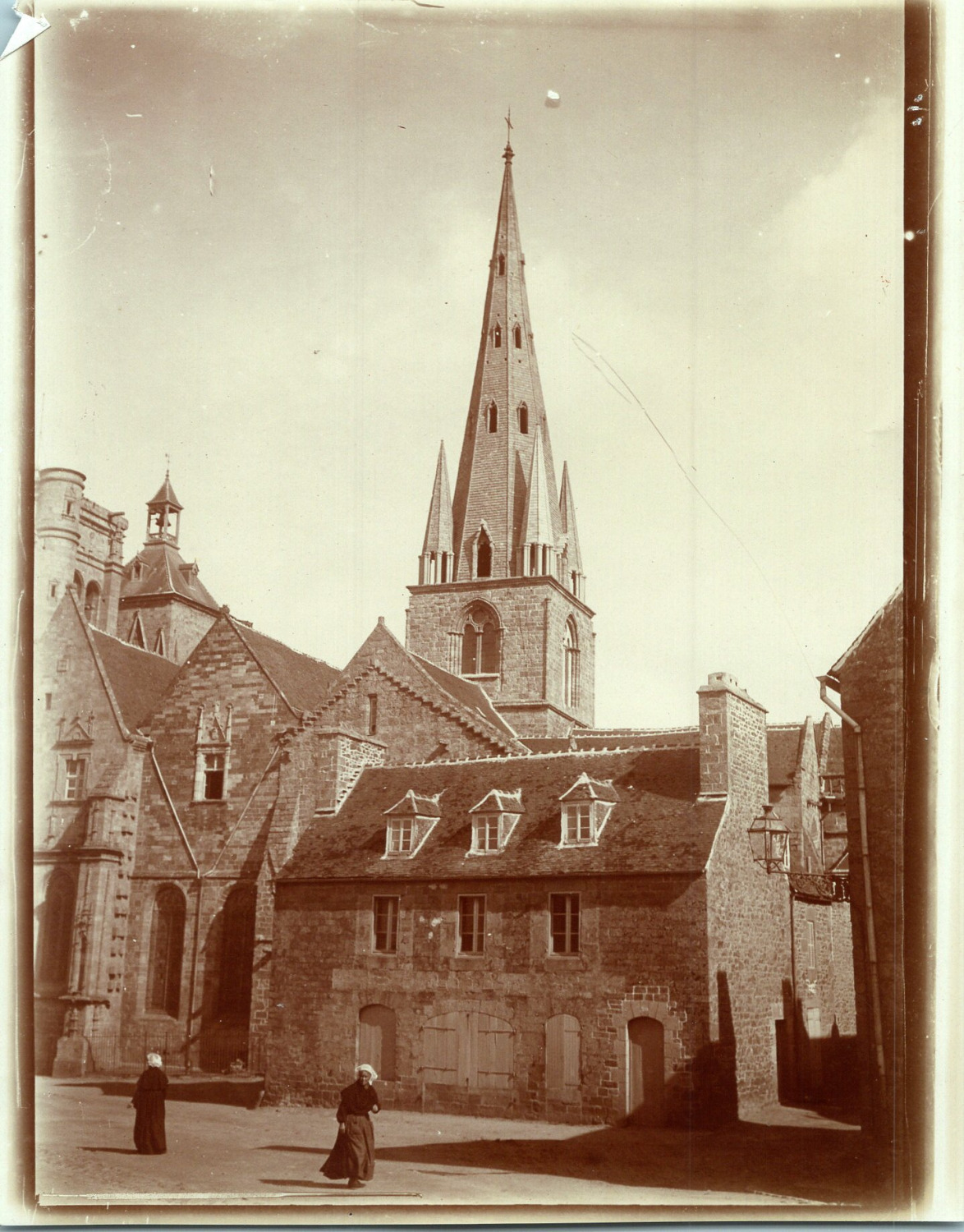 France, Guingamp, view of the Basilica of Notre-Dame de Bon-Secours, vintage print, 