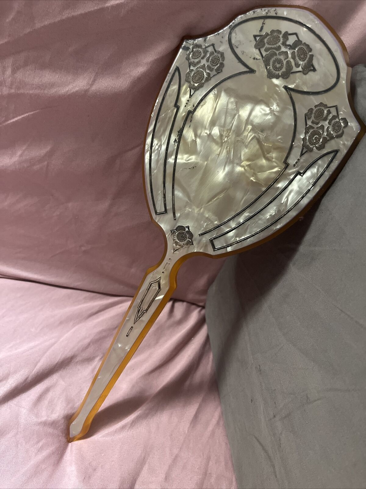 Antique LARGE 14” Beveled CELLULOID Hand Held Vanity Oval Mirror ART DECO DESIGN
