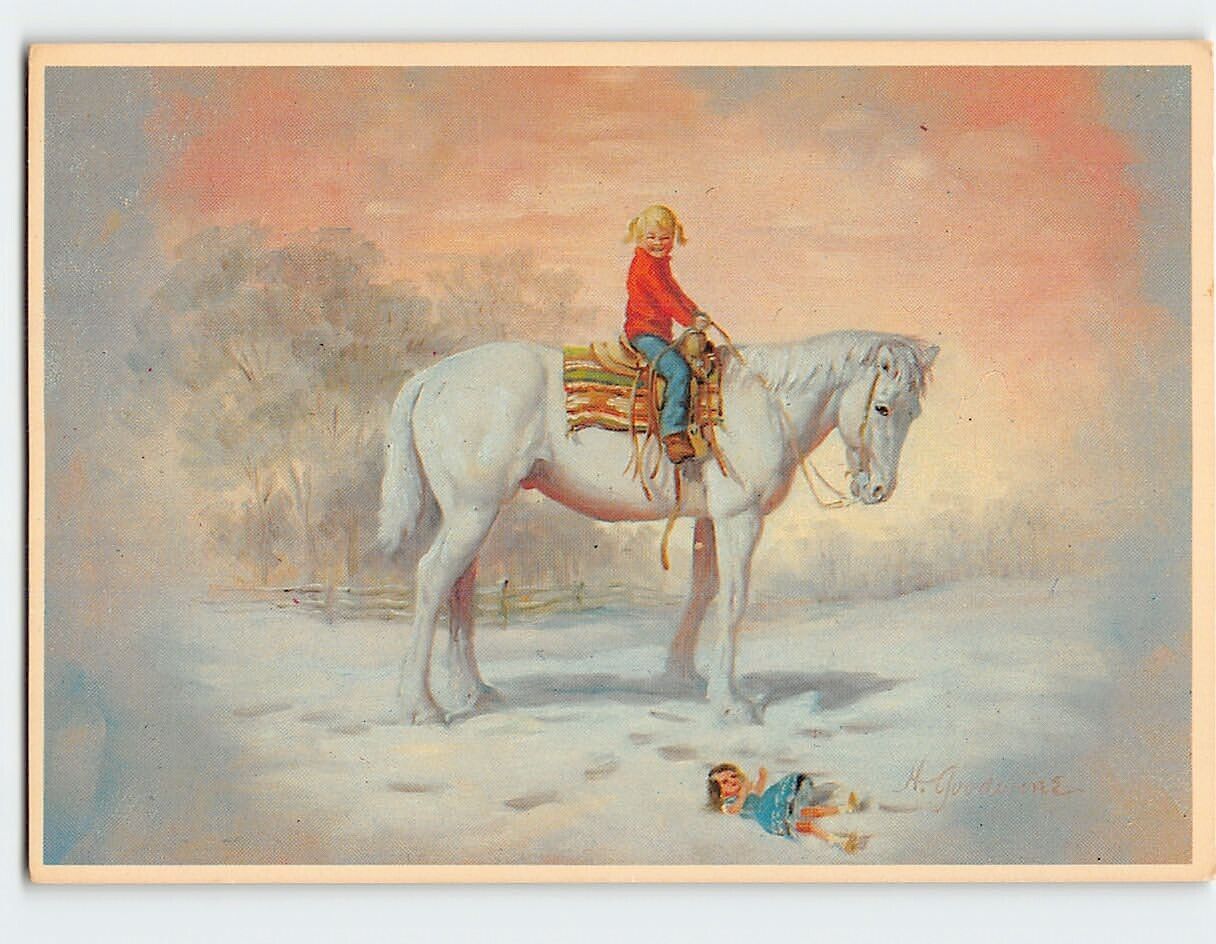 Postcard Scene of a little girl on her much loved horse By Hildred Goodwine